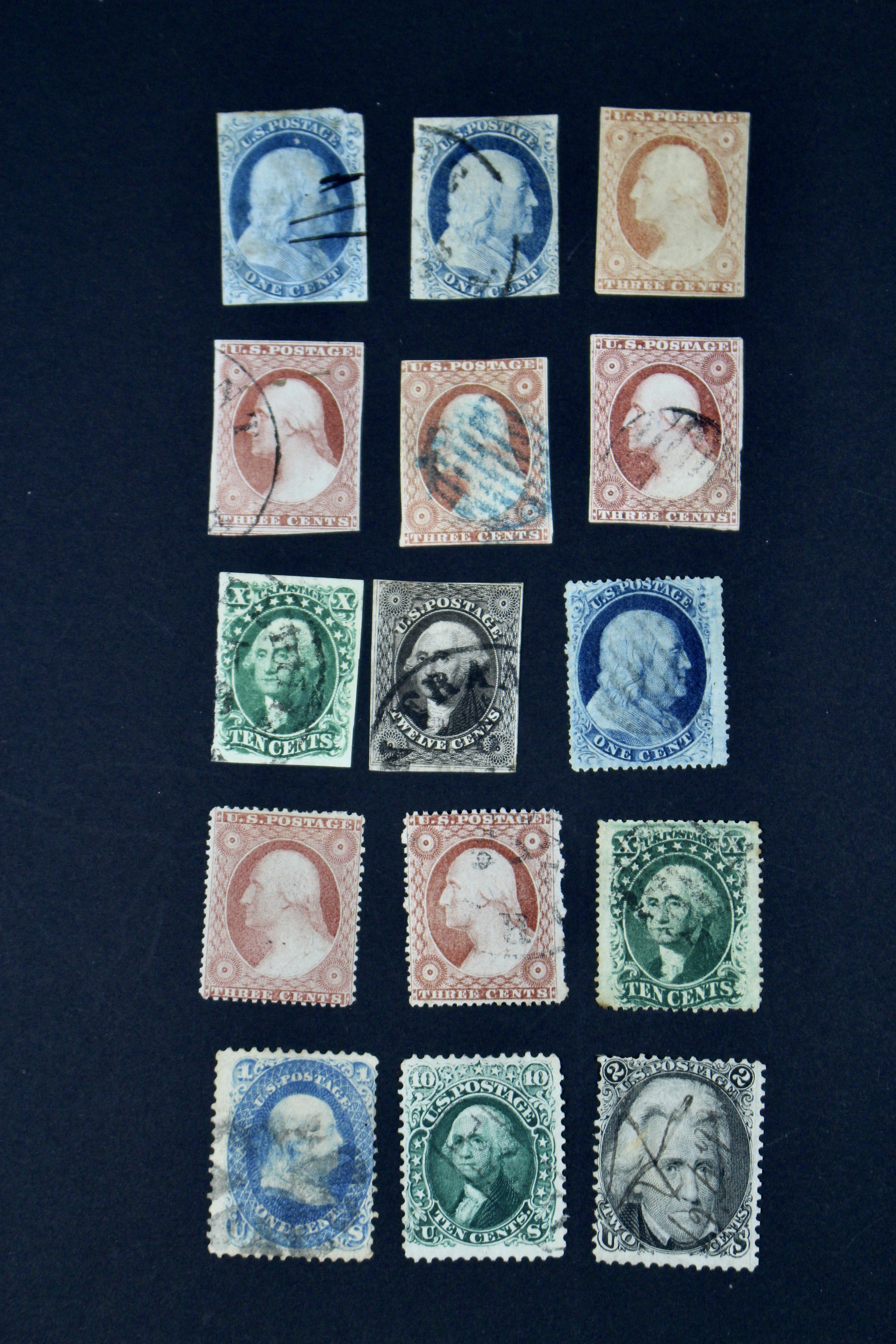 Fifteen Early American Postage Stamps, Scott #s 7 to 73
