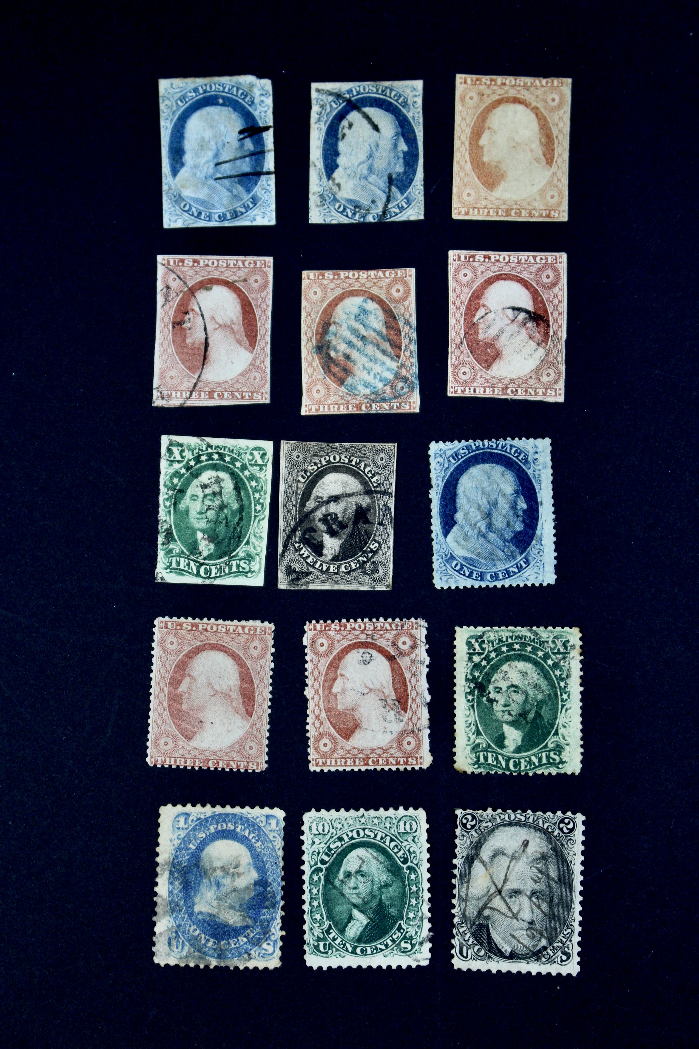 Fifteen Early American Postage Stamps, Scott #s 7 to 73
