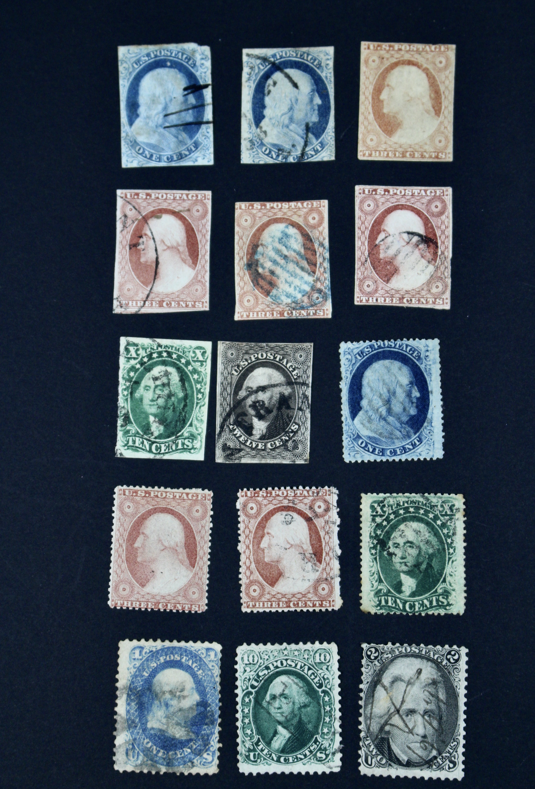 Fifteen Early American Postage Stamps, Scott #s 7 to 73