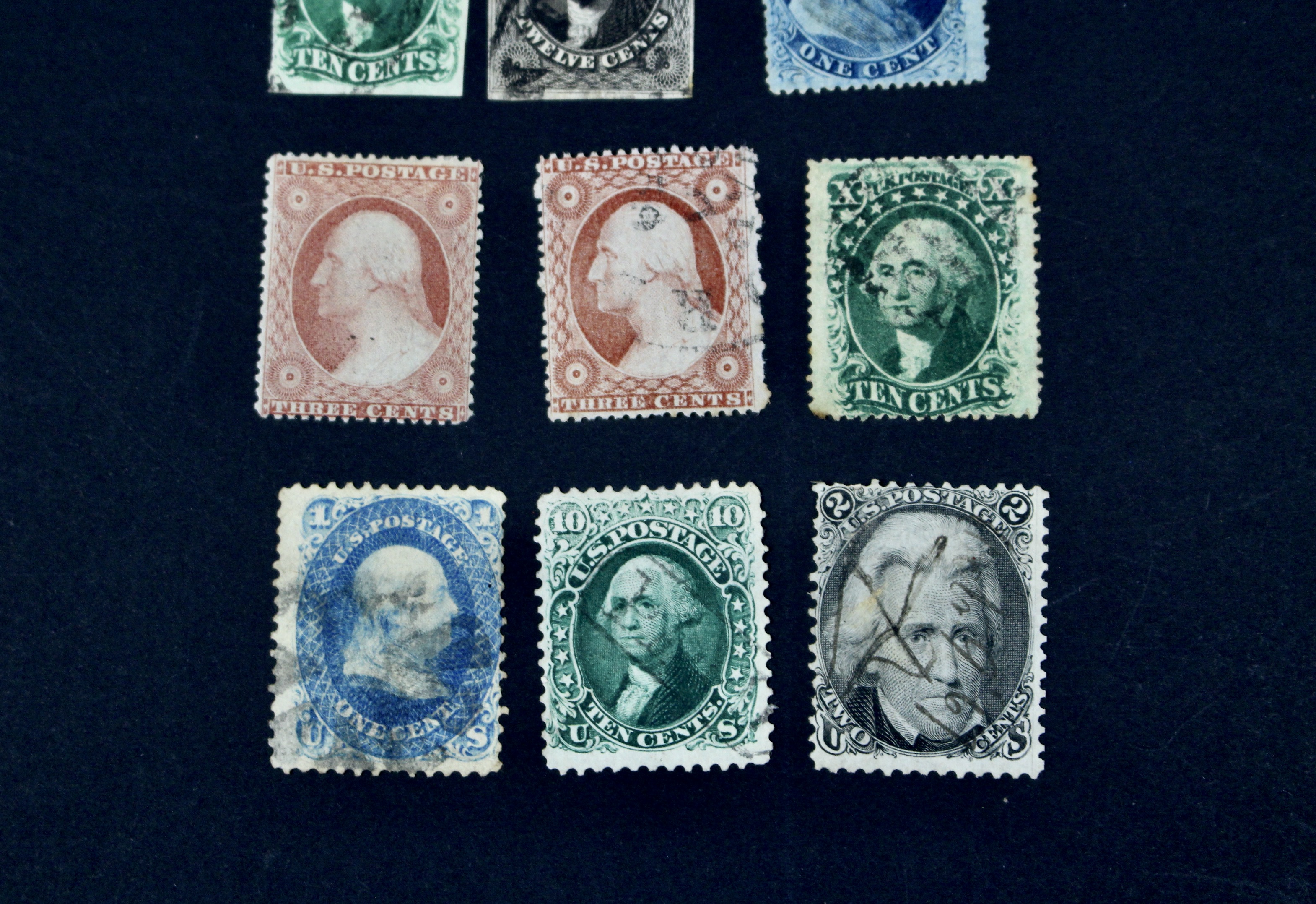 Fifteen Early American Postage Stamps, Scott #s 7 to 73