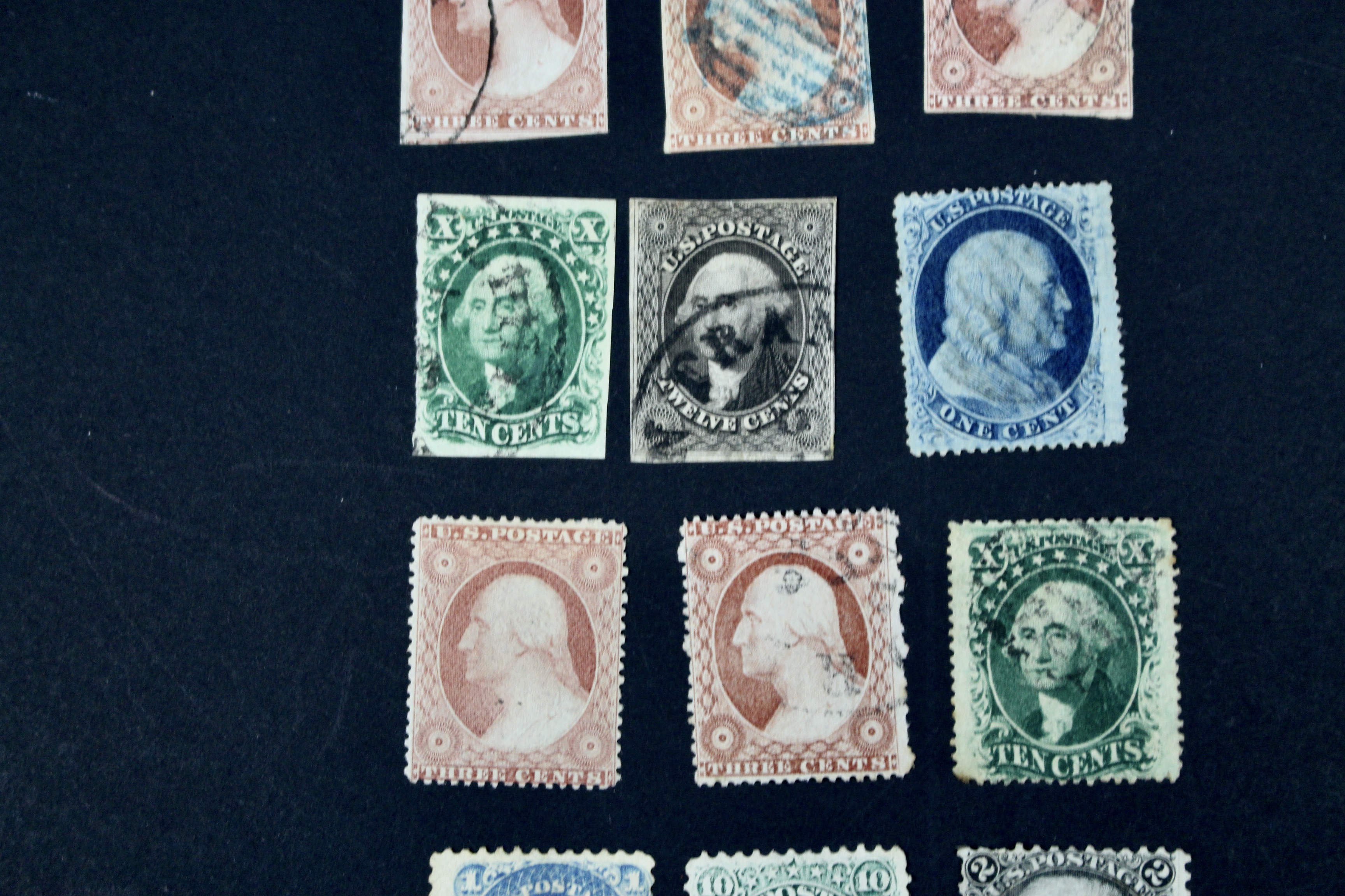 Fifteen Early American Postage Stamps, Scott #s 7 to 73