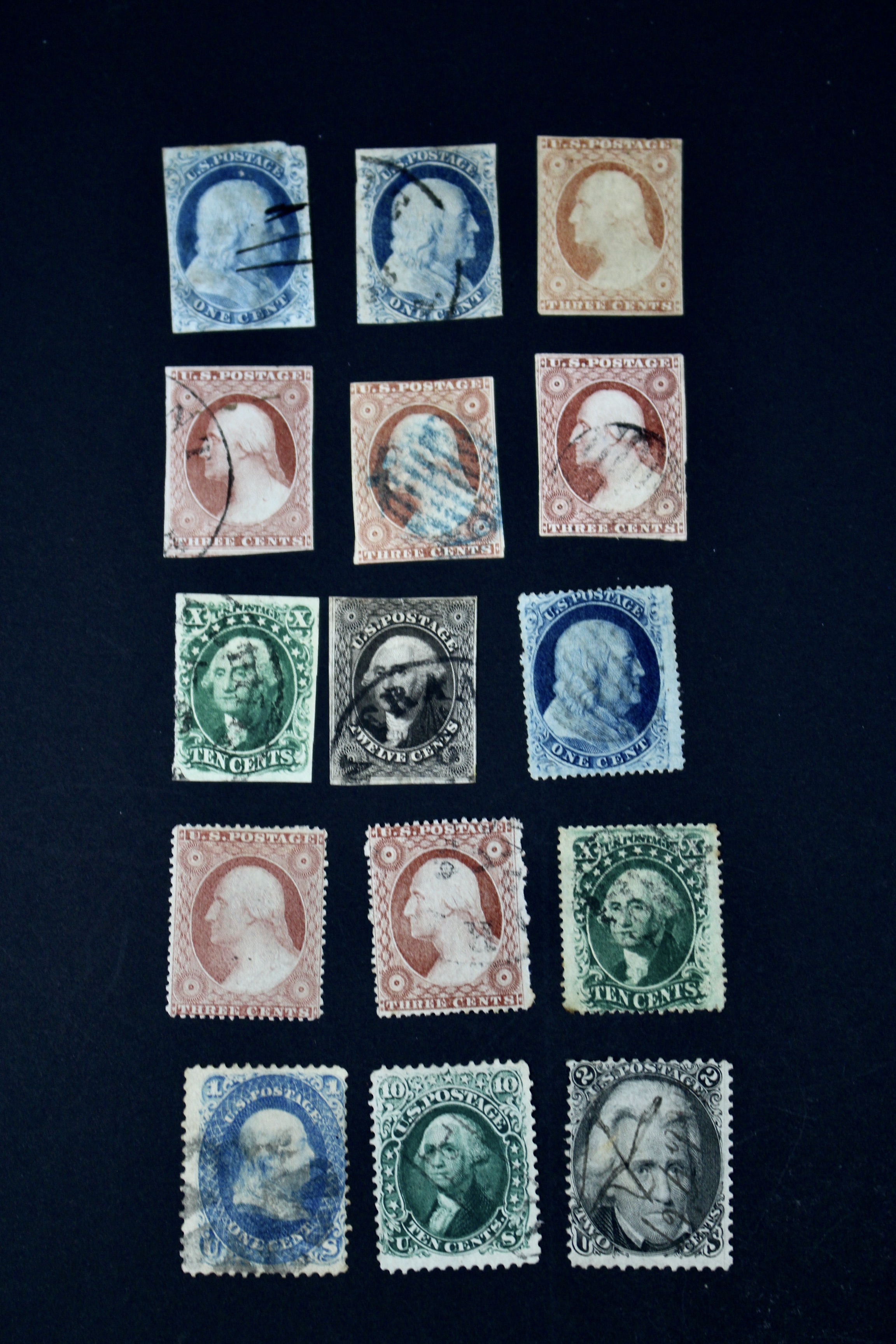 Fifteen Early American Postage Stamps, Scott #s 7 to 73