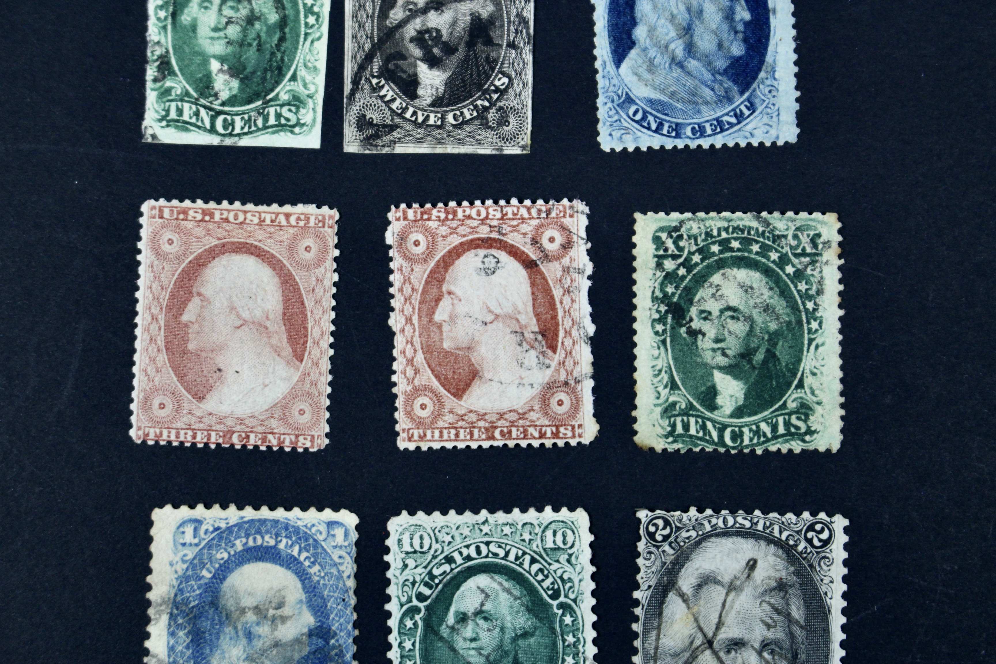 Fifteen Early American Postage Stamps, Scott #s 7 to 73