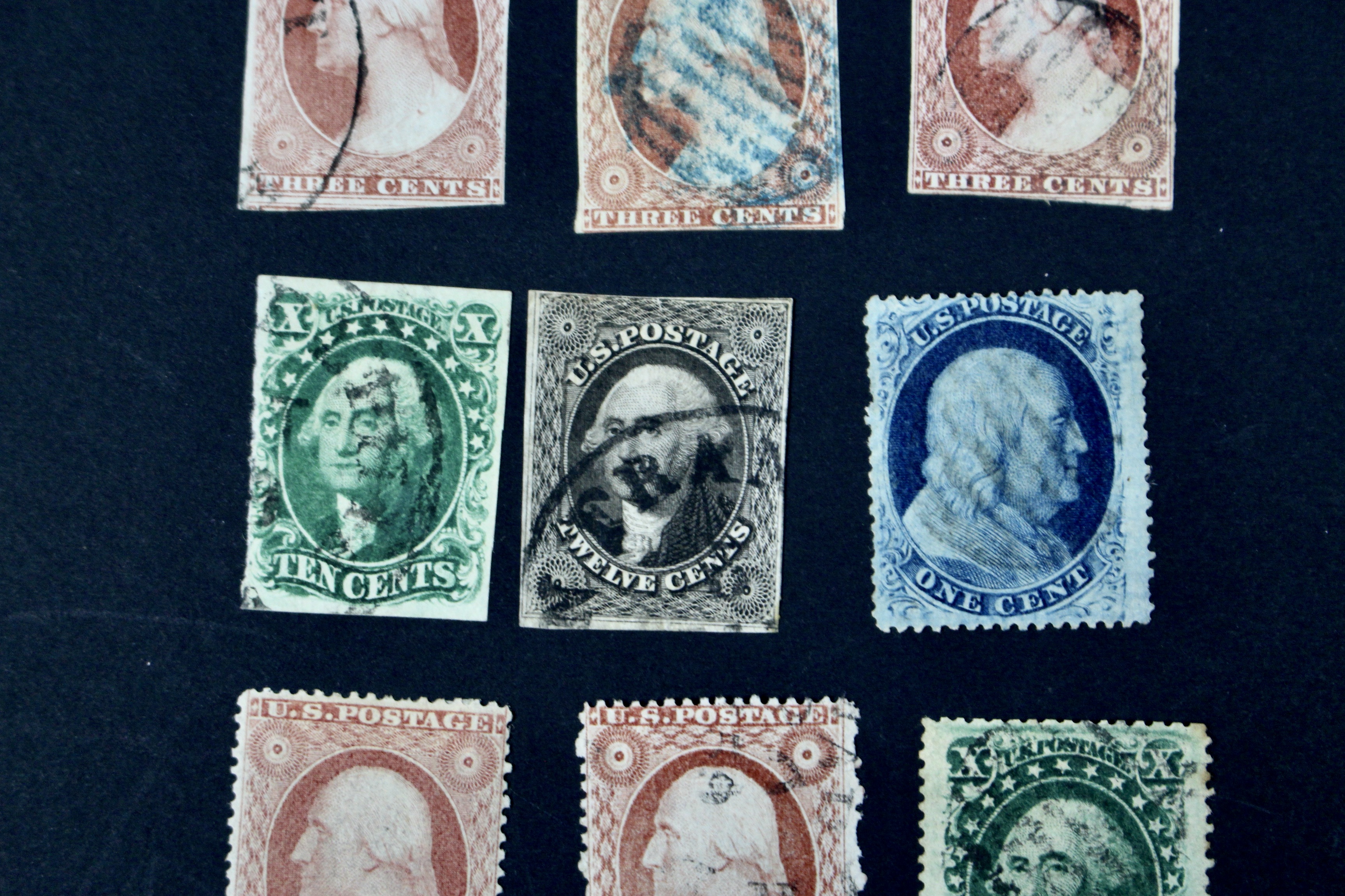 Fifteen Early American Postage Stamps, Scott #s 7 to 73