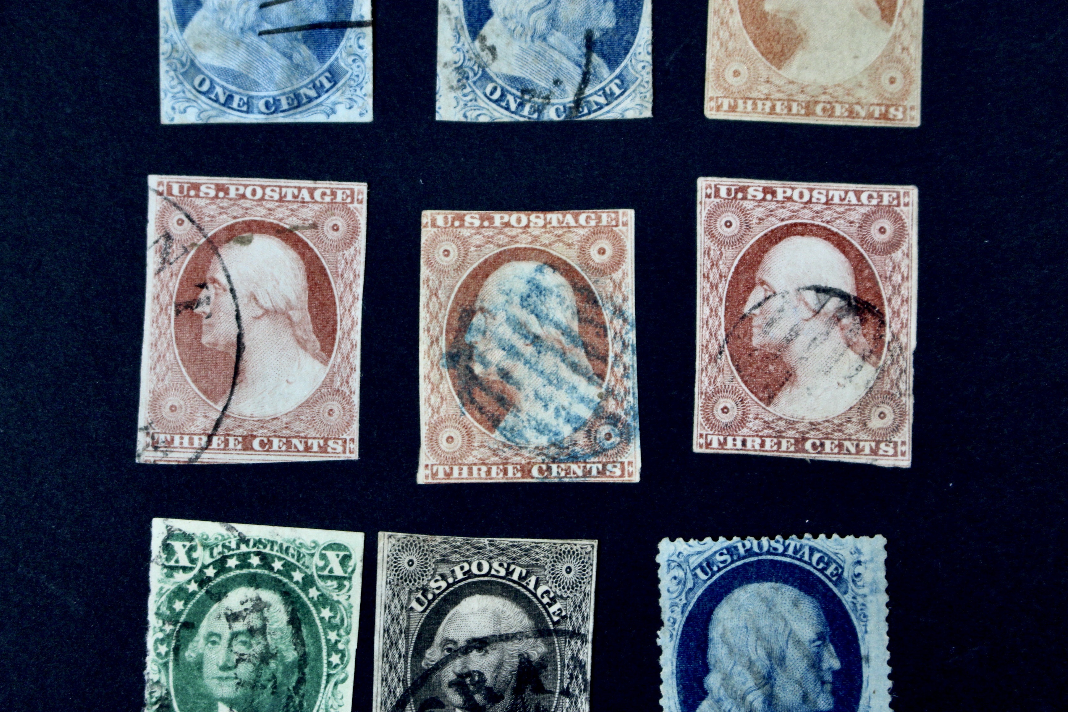 Fifteen Early American Postage Stamps, Scott #s 7 to 73