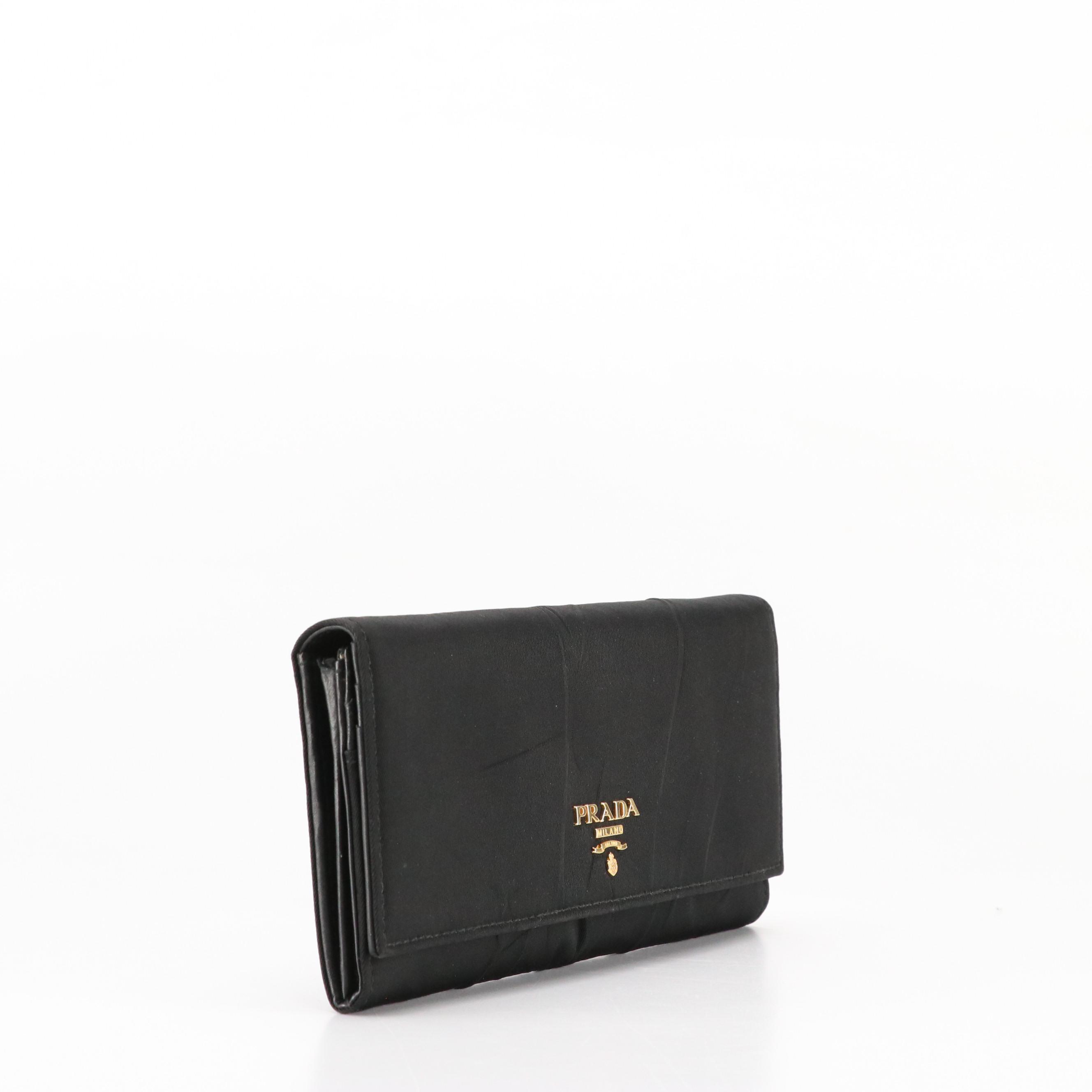 Prada Black Crinkled Tessuto Nylon and Leather Continental Flap Wallet with Box