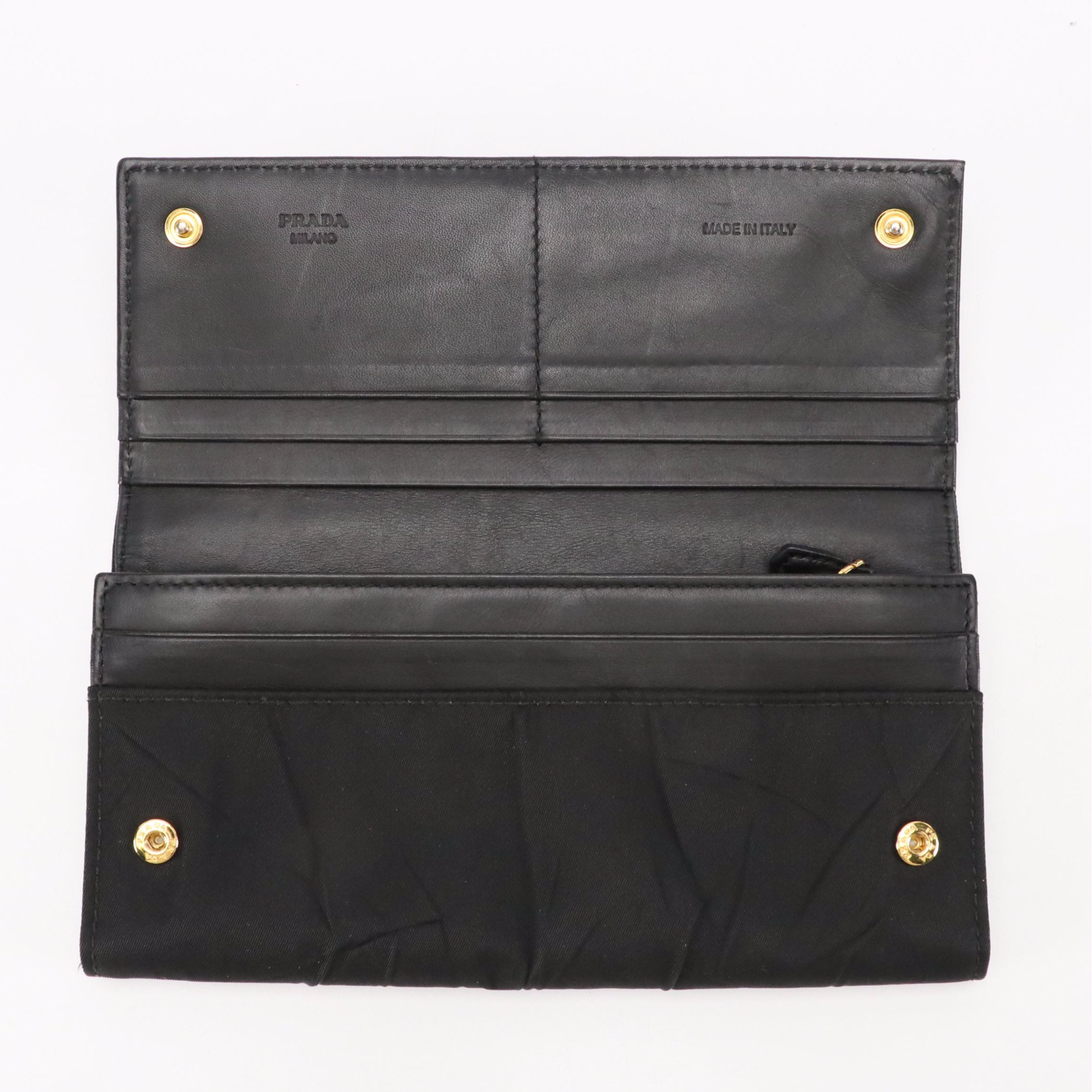 Prada Black Crinkled Tessuto Nylon and Leather Continental Flap Wallet with Box