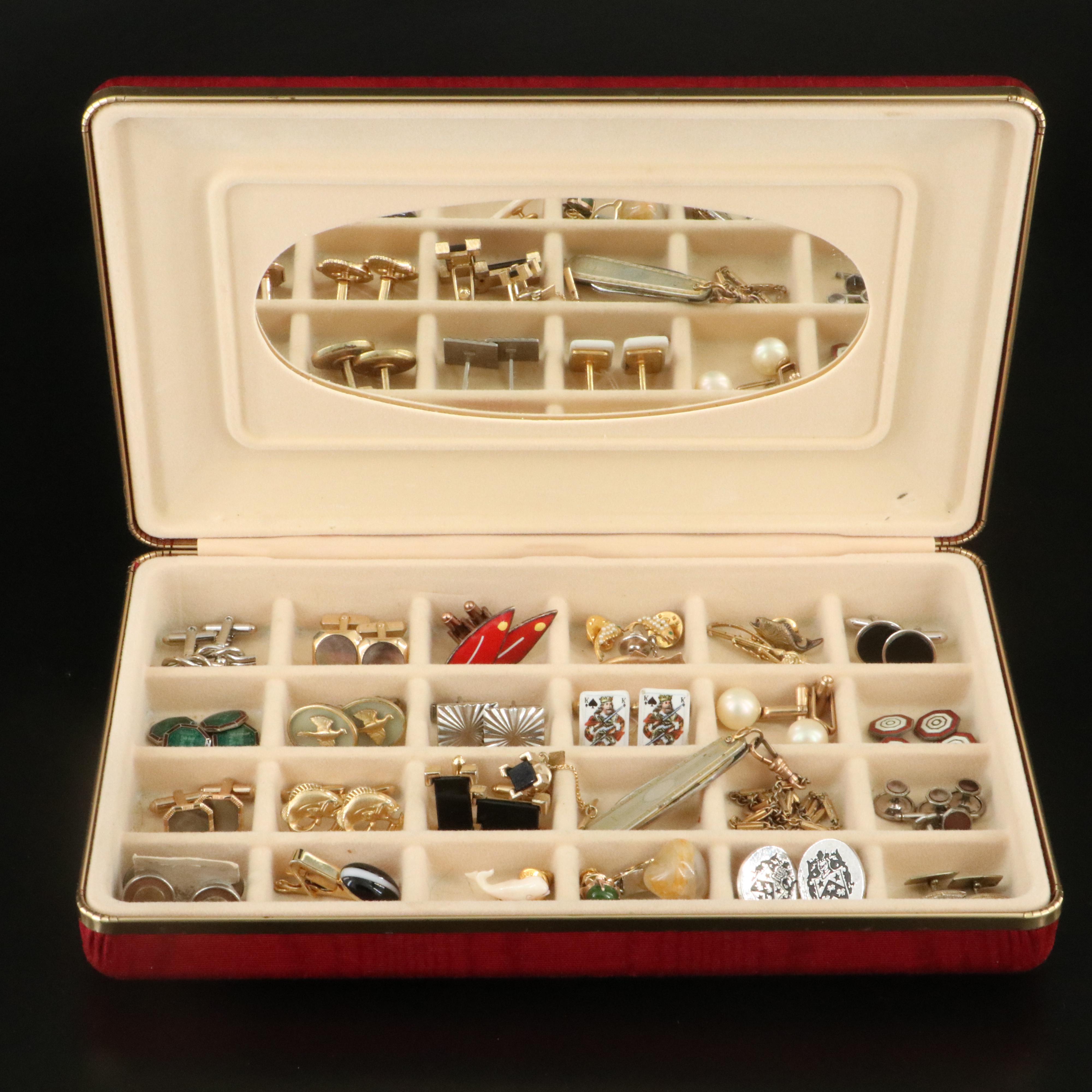 Vintage Men's Accessories Including Fish Themed Cufflinks and Nephrite