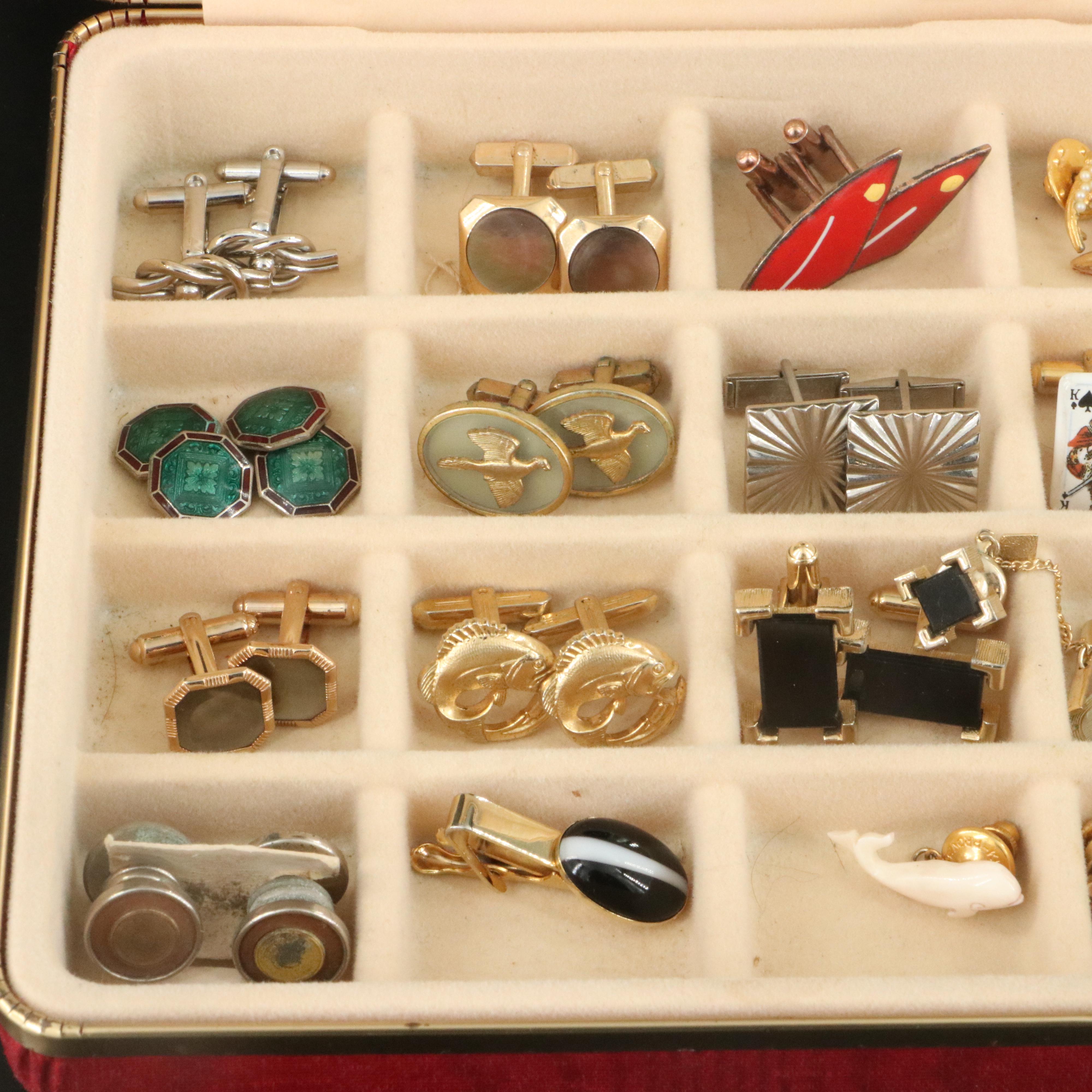 Vintage Men's Accessories Including Fish Themed Cufflinks and Nephrite