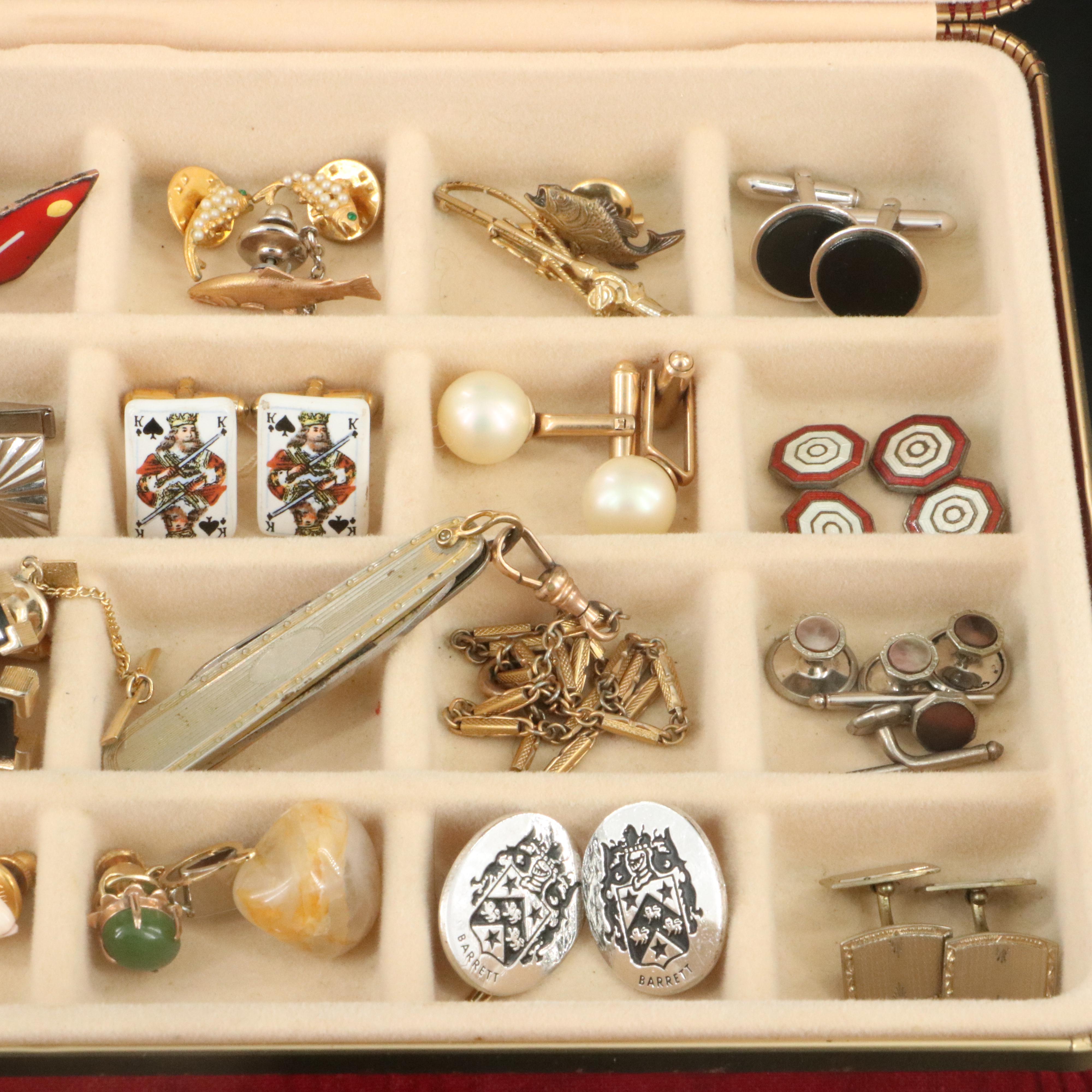 Vintage Men's Accessories Including Fish Themed Cufflinks and Nephrite