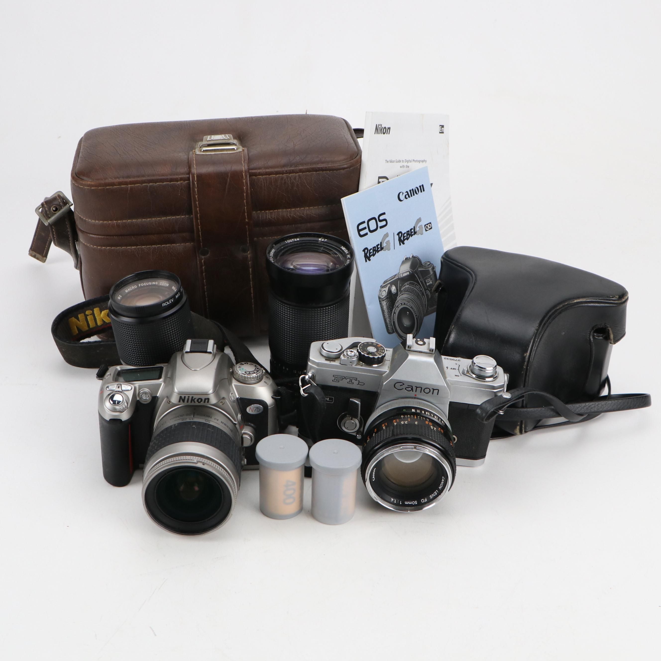 Nikon N75 and Canon Ftb Cameras with Lenses, Bag and Film