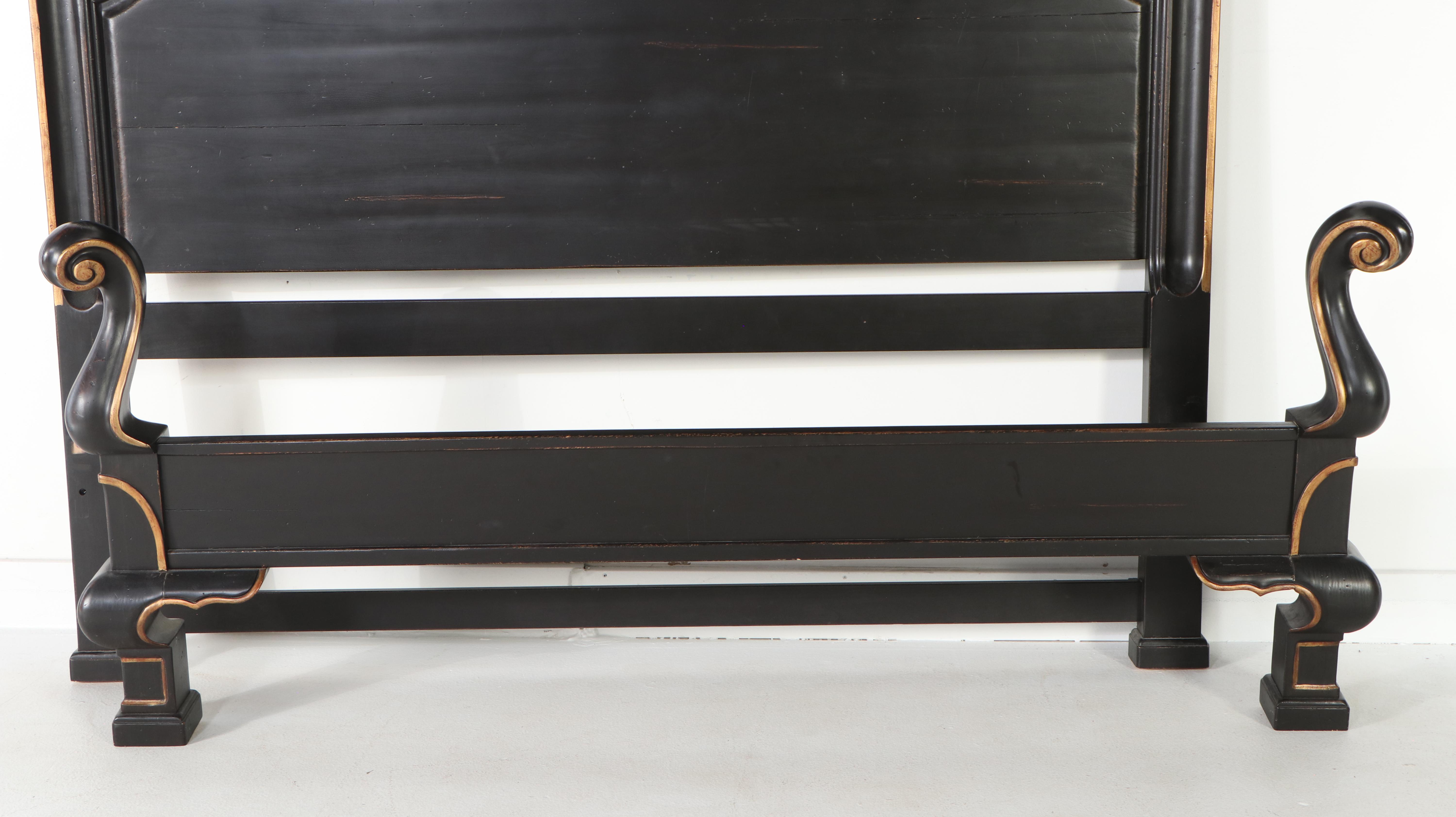 Drexel Heritage Rococo Style Parcel Gilt and Ebonized Wood King Size Bed Frame