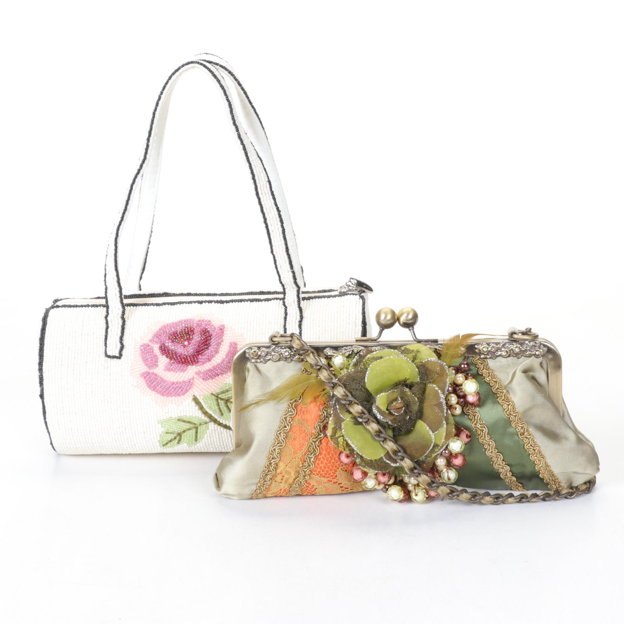 Far Nine Beaded Barrel Purse and Embellished Olive Beaded Clutch Floral Motif