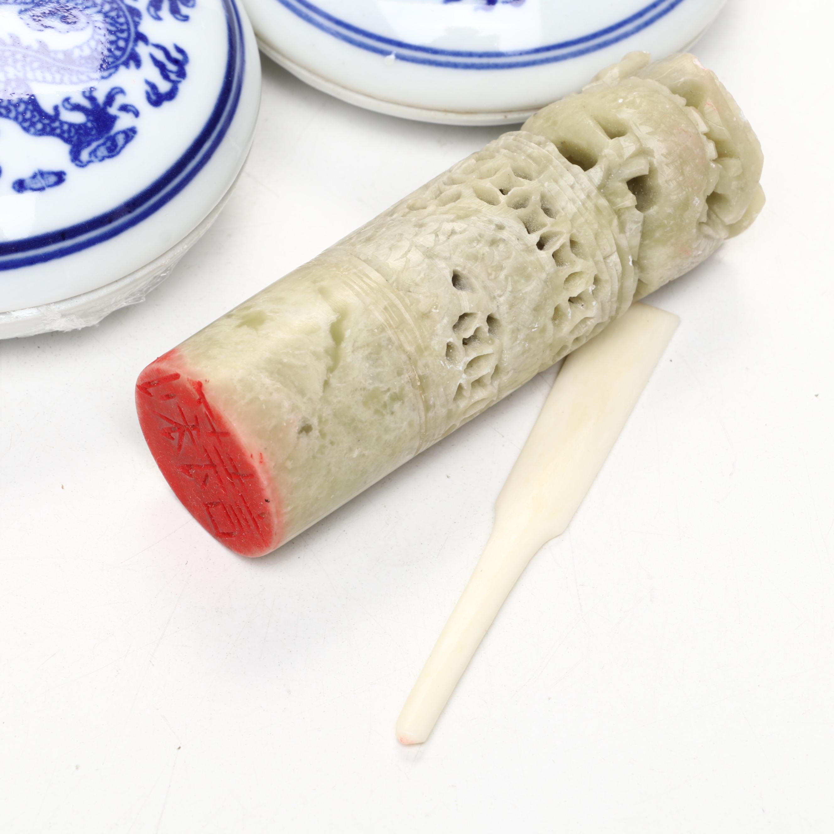 Pair of Chinese Porcelain Ink Pots with Soapstone Seal and Bone Ink Knife