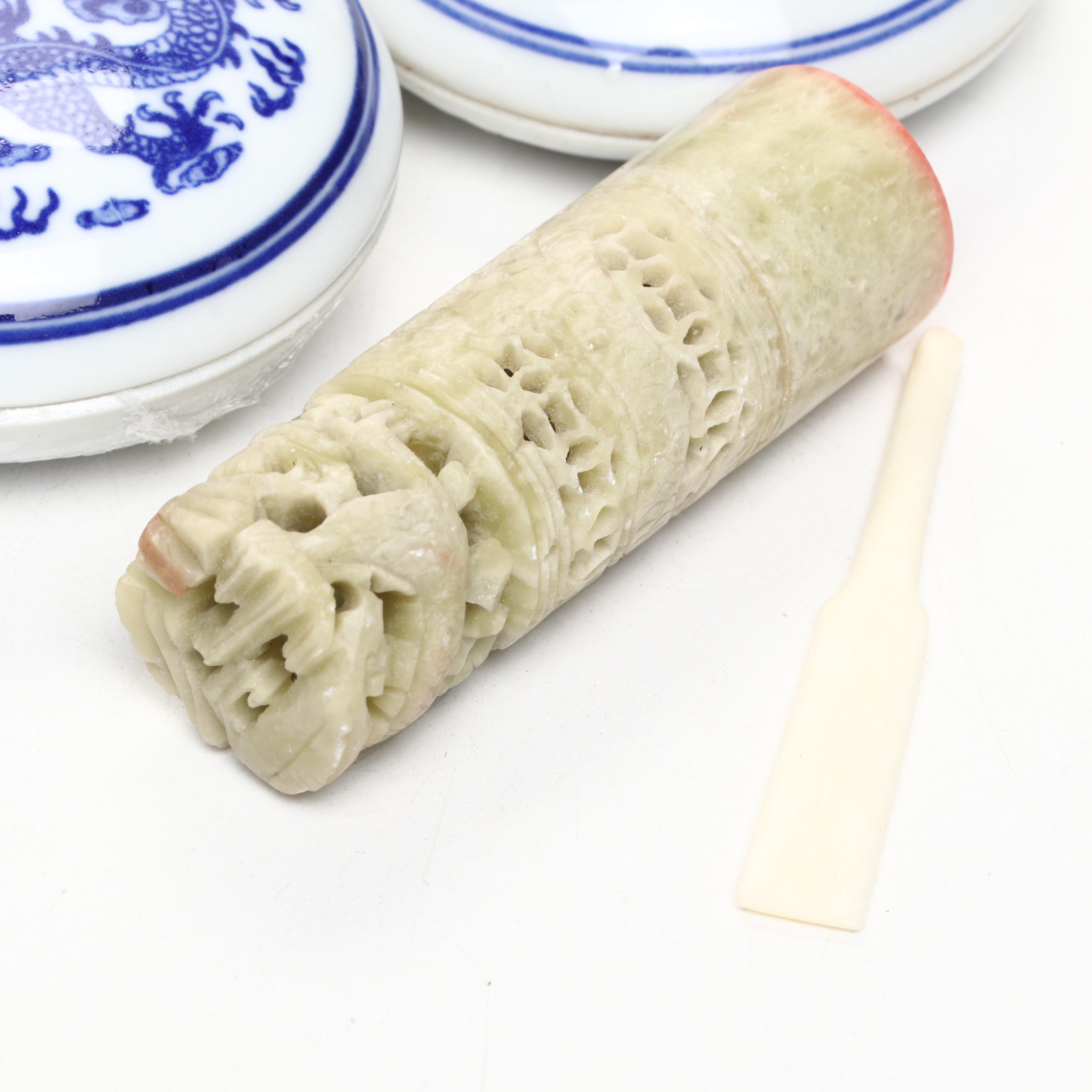 Pair of Chinese Porcelain Ink Pots with Soapstone Seal and Bone Ink Knife