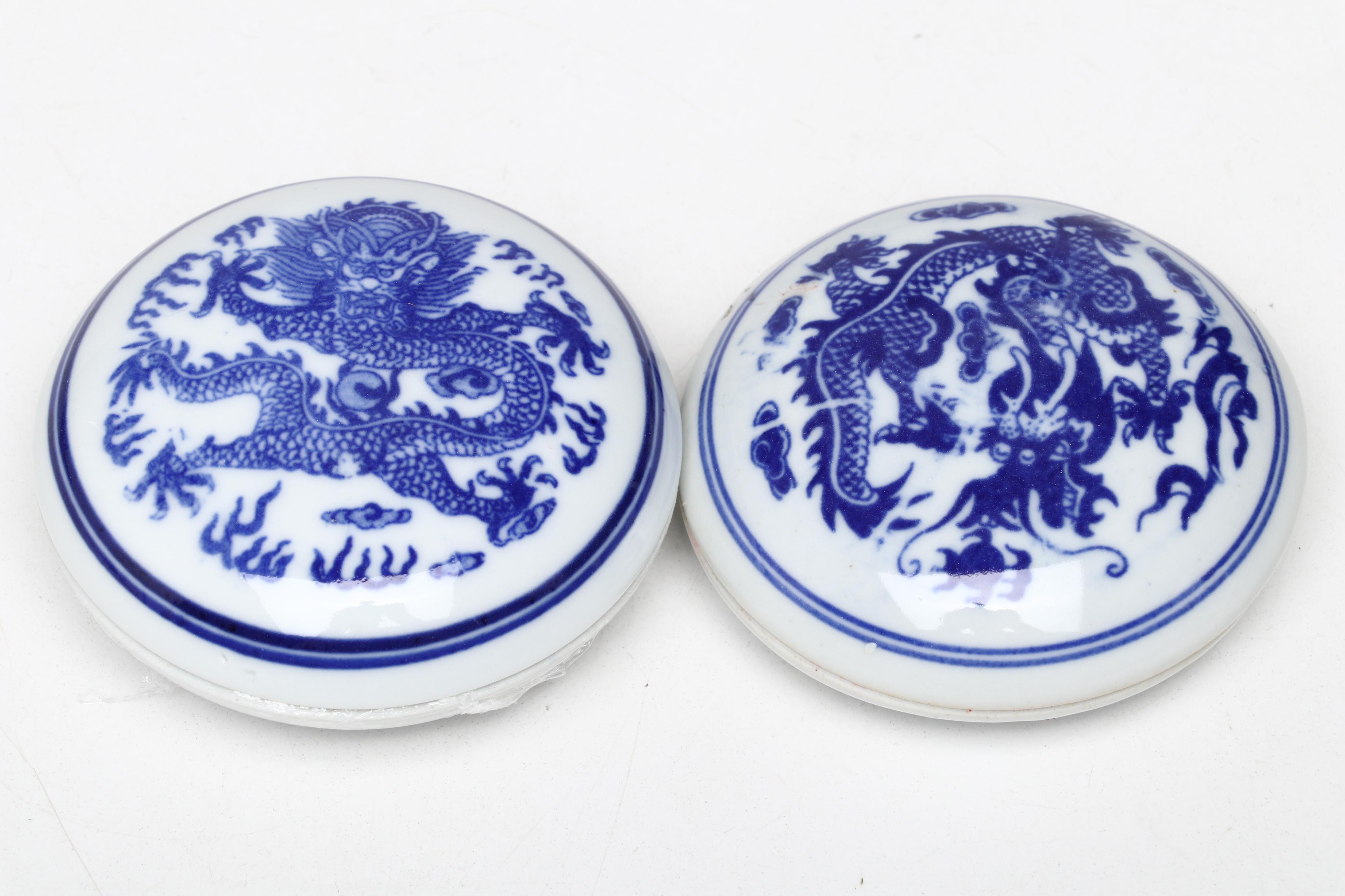 Pair of Chinese Porcelain Ink Pots with Soapstone Seal and Bone Ink Knife
