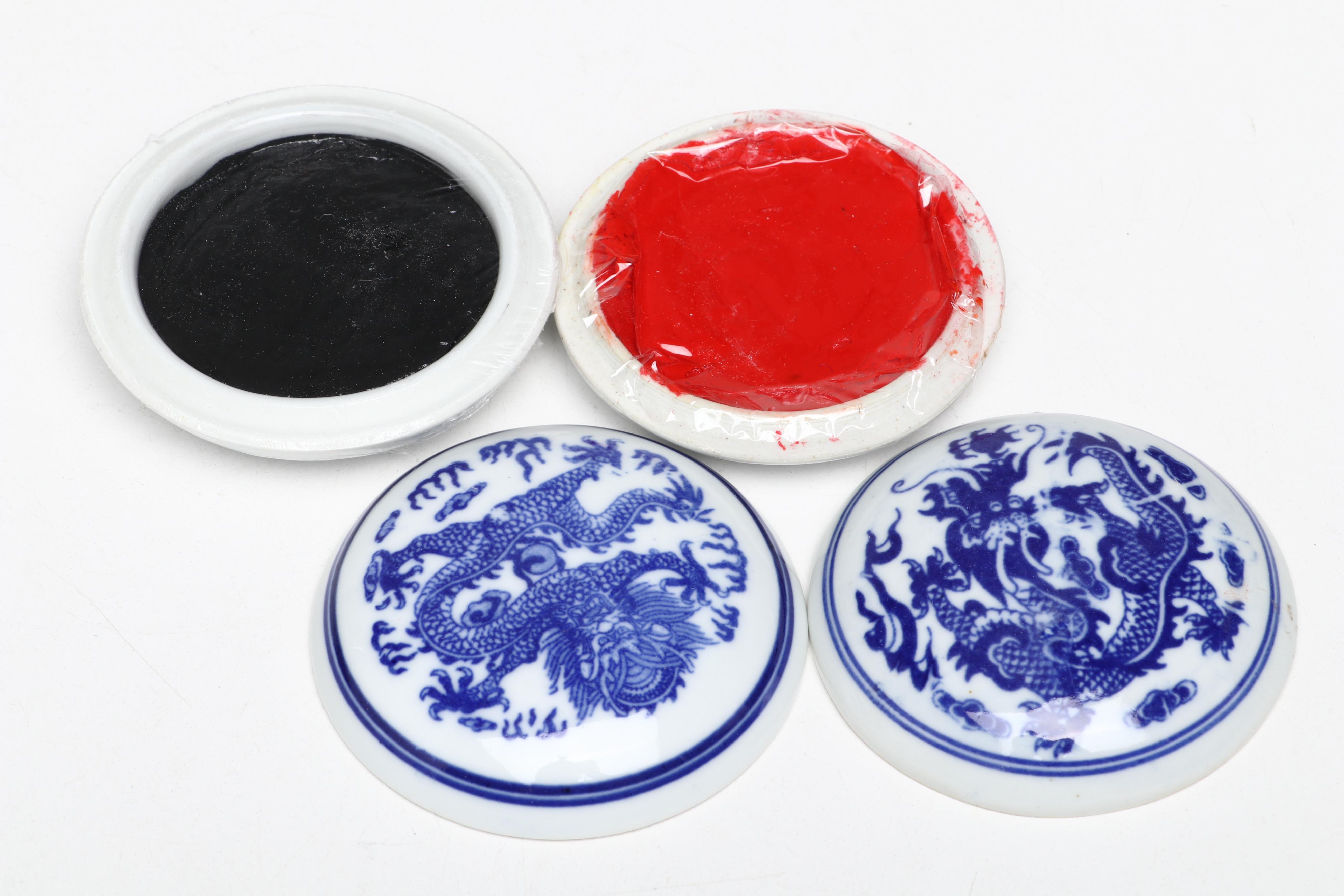 Pair of Chinese Porcelain Ink Pots with Soapstone Seal and Bone Ink Knife