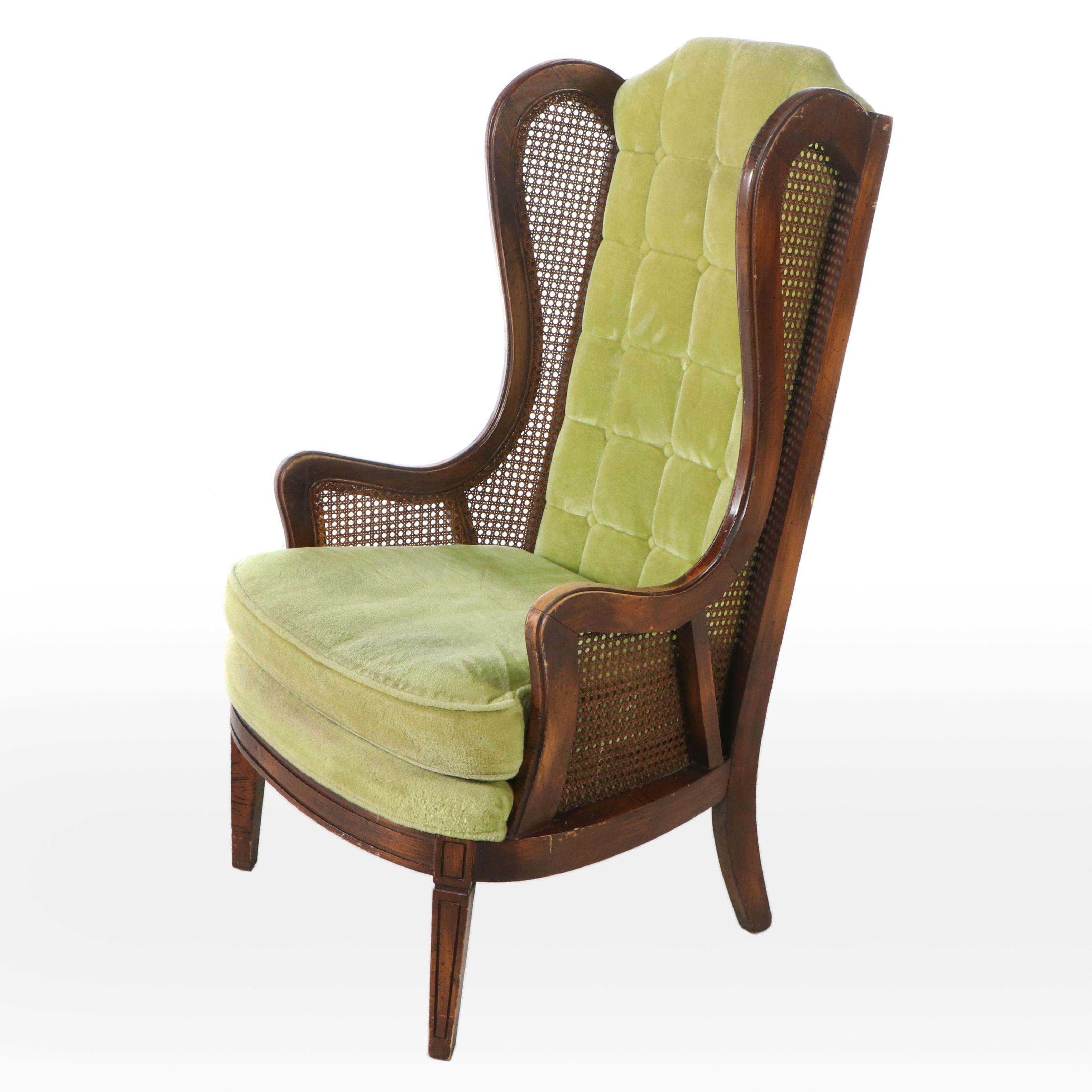 Mediterranean Style Walnut and Cane Button-Tufted Wingback Chair, Mid-20th C.