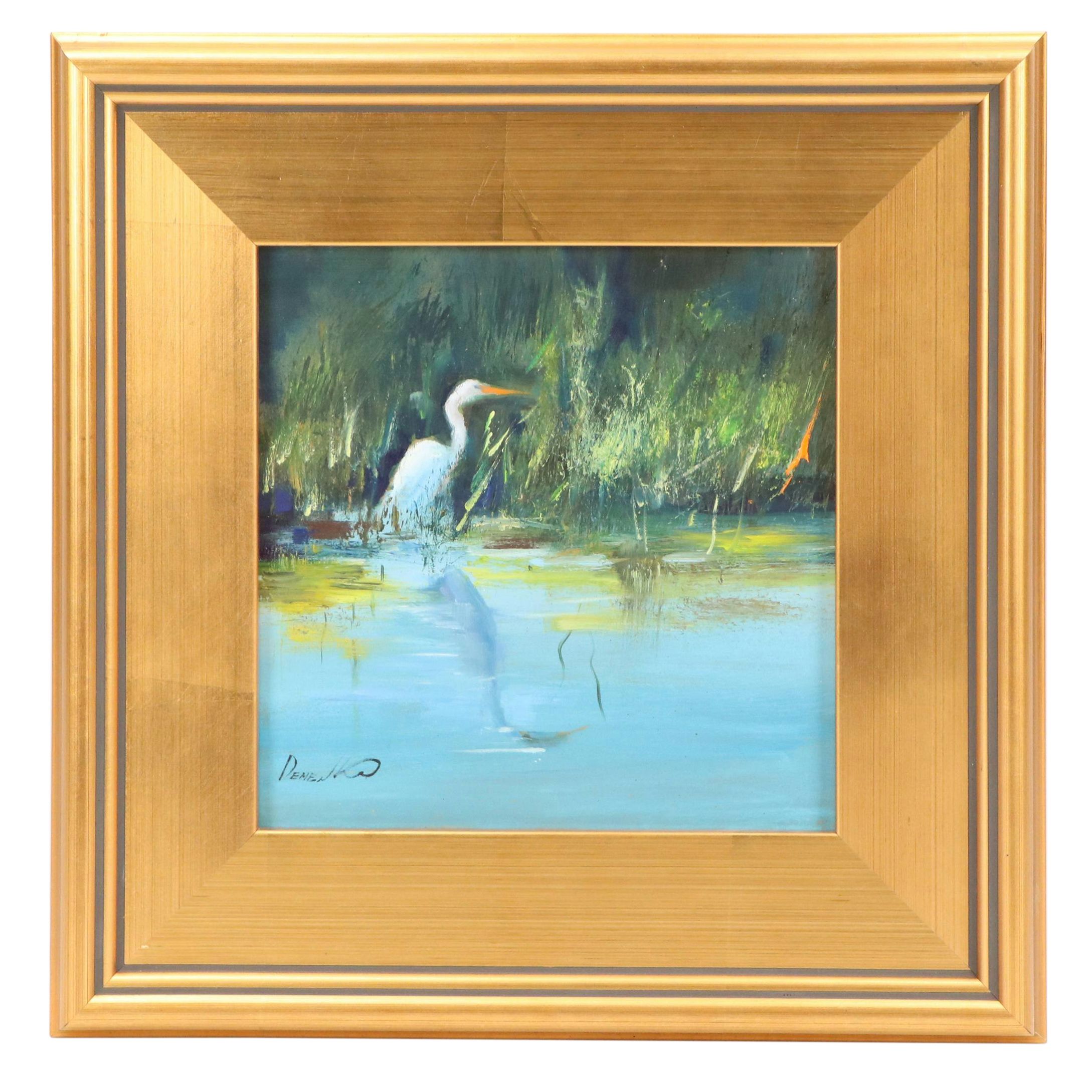 Natalia Demenko Landscape Oil Painting with Heron, 21st Century