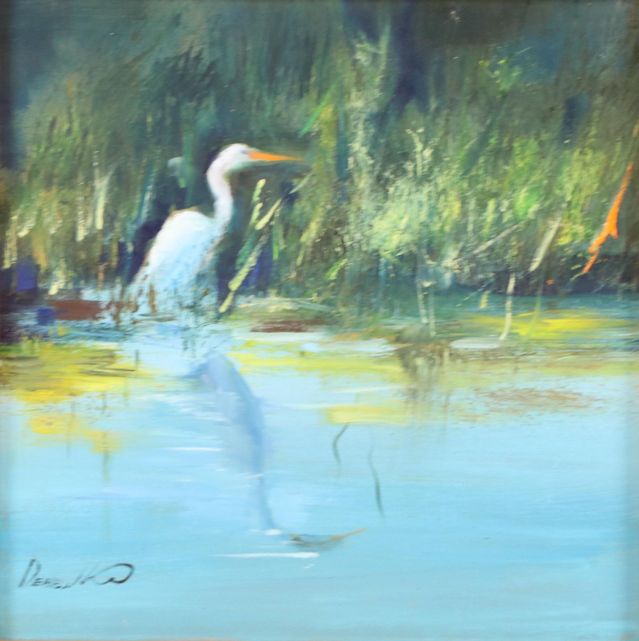 Natalia Demenko Landscape Oil Painting with Heron, 21st Century