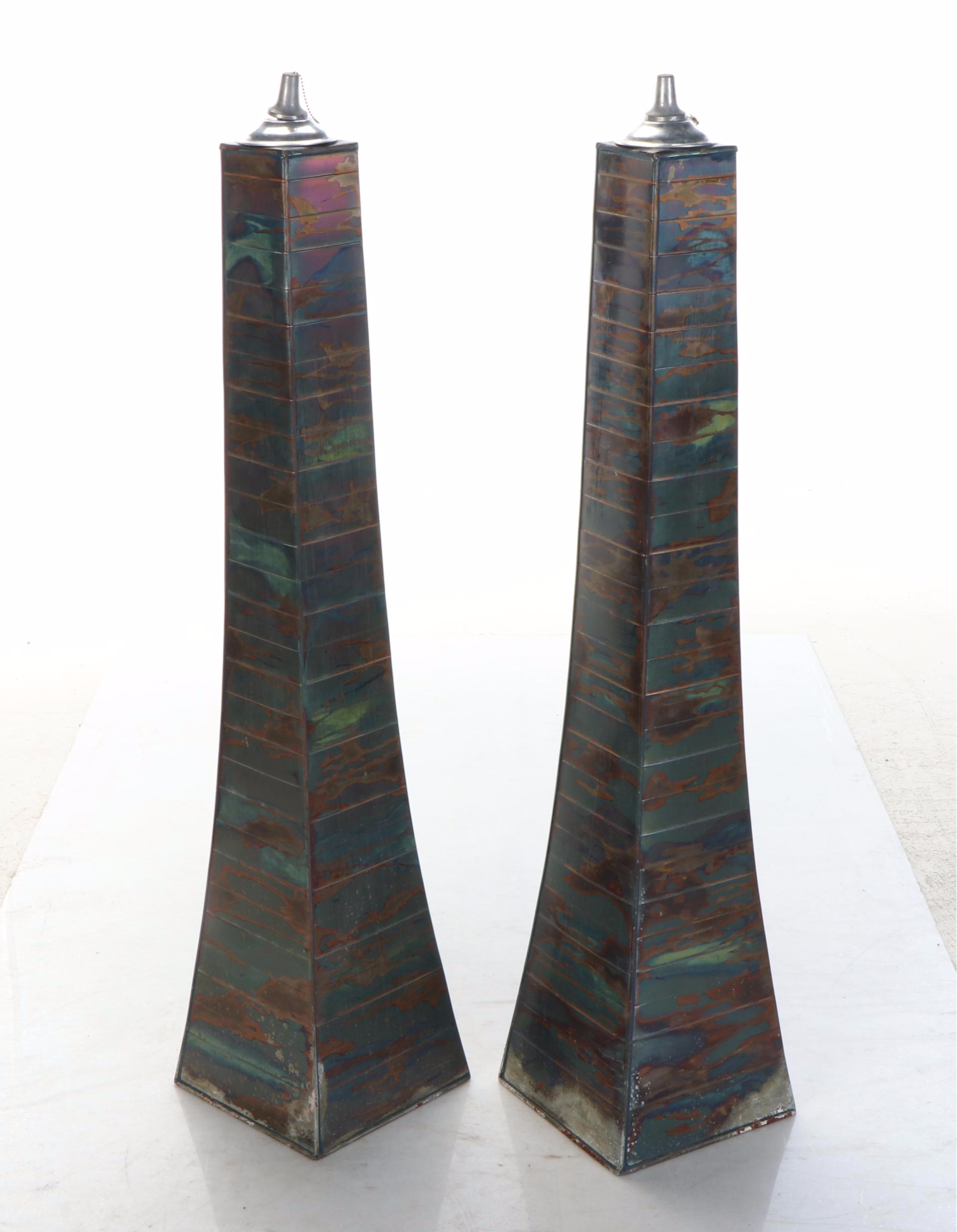 Pair of Oxidized Metal Pyramid Tessellated Outdoor Oil Torches