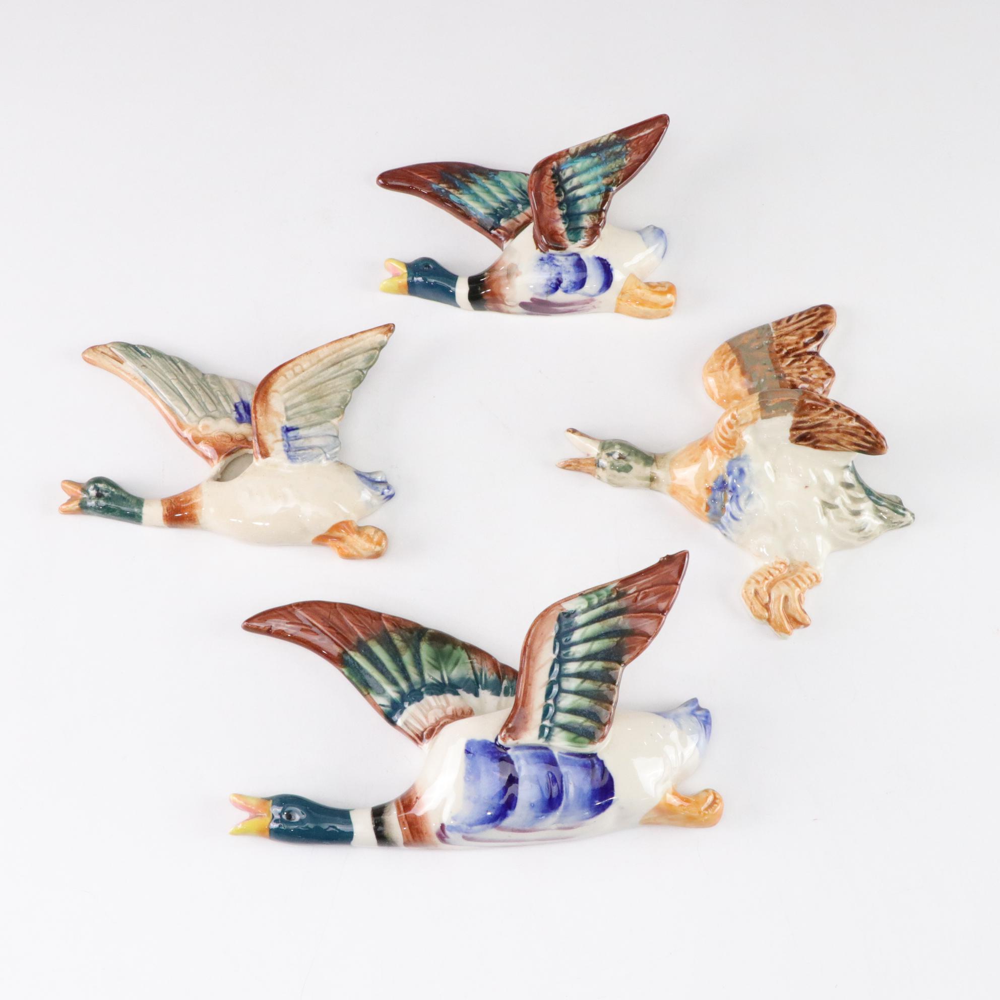 Japanese Hand-Painted Flying Mallard Ceramic Wall Pockets