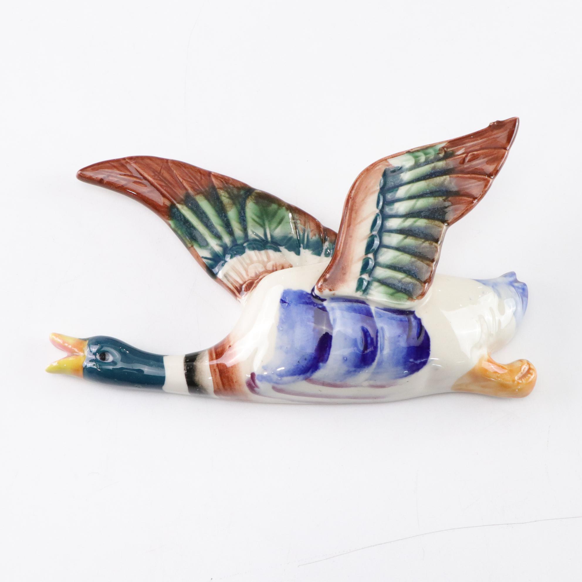 Japanese Hand-Painted Flying Mallard Ceramic Wall Pockets