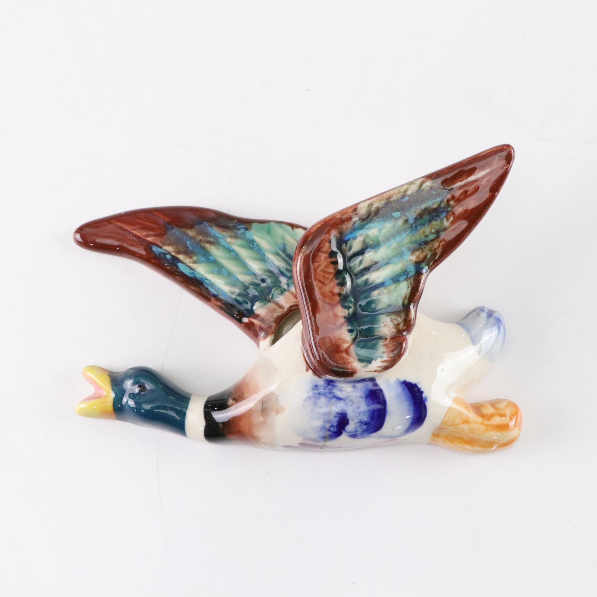 Japanese Hand-Painted Flying Mallard Ceramic Wall Pockets