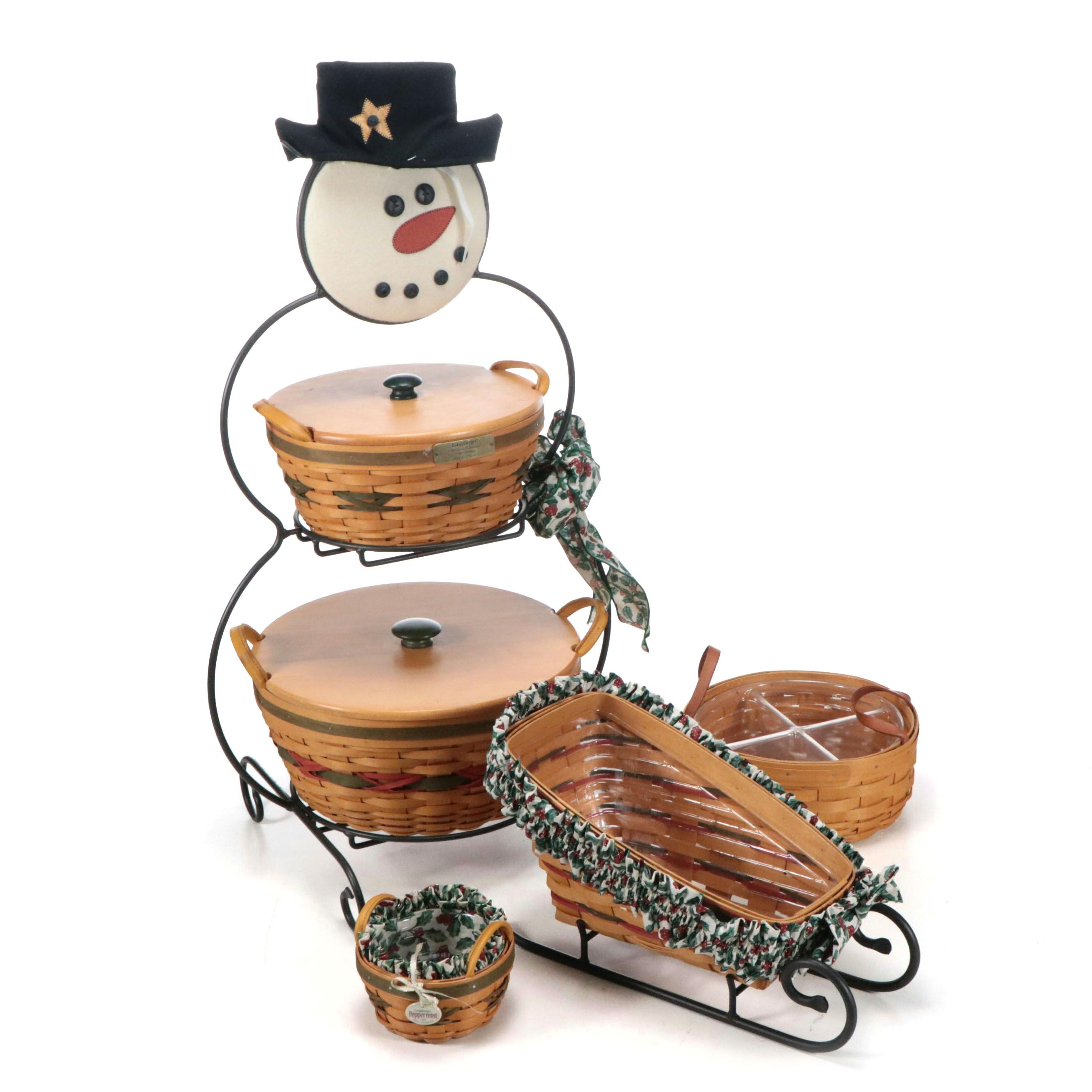Longaberger Iron Snowman Basket Tree and Woven Maple Baskets