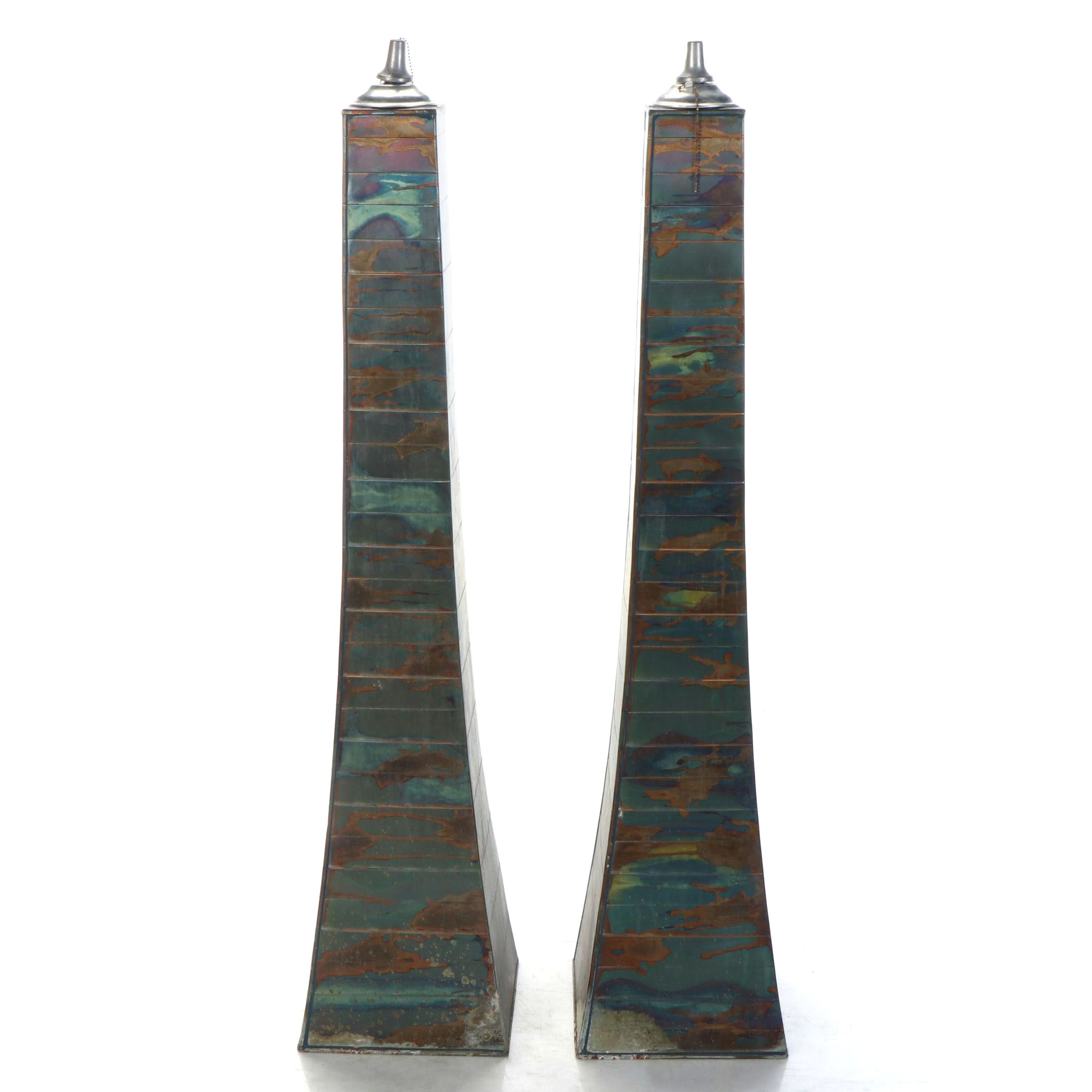 Pair of Oxidized Metal Pyramid Tessellated Outdoor Oil Torches
