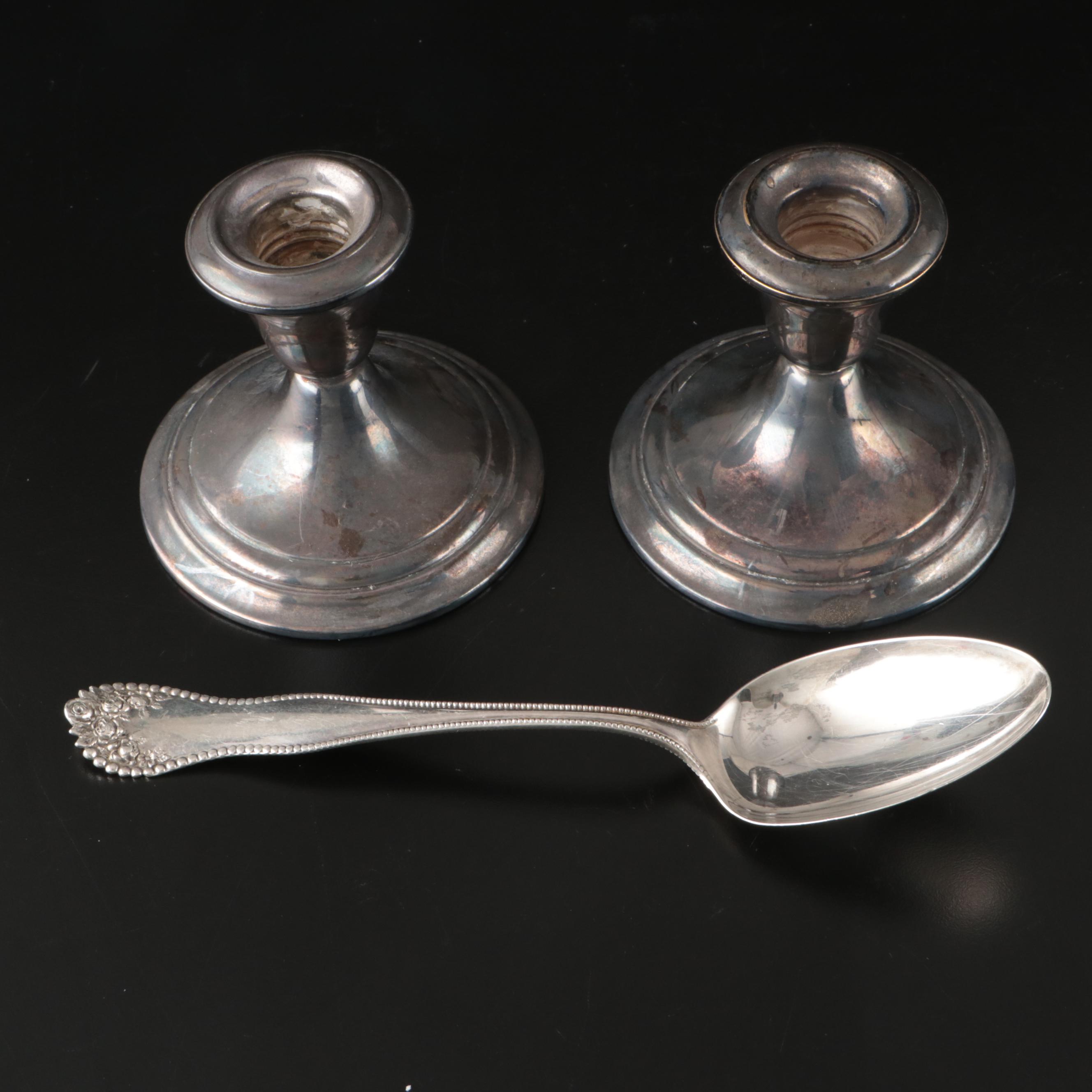 Gorham Silver "Lancaster" Serving Spoon with Silver Plate Candle Holders