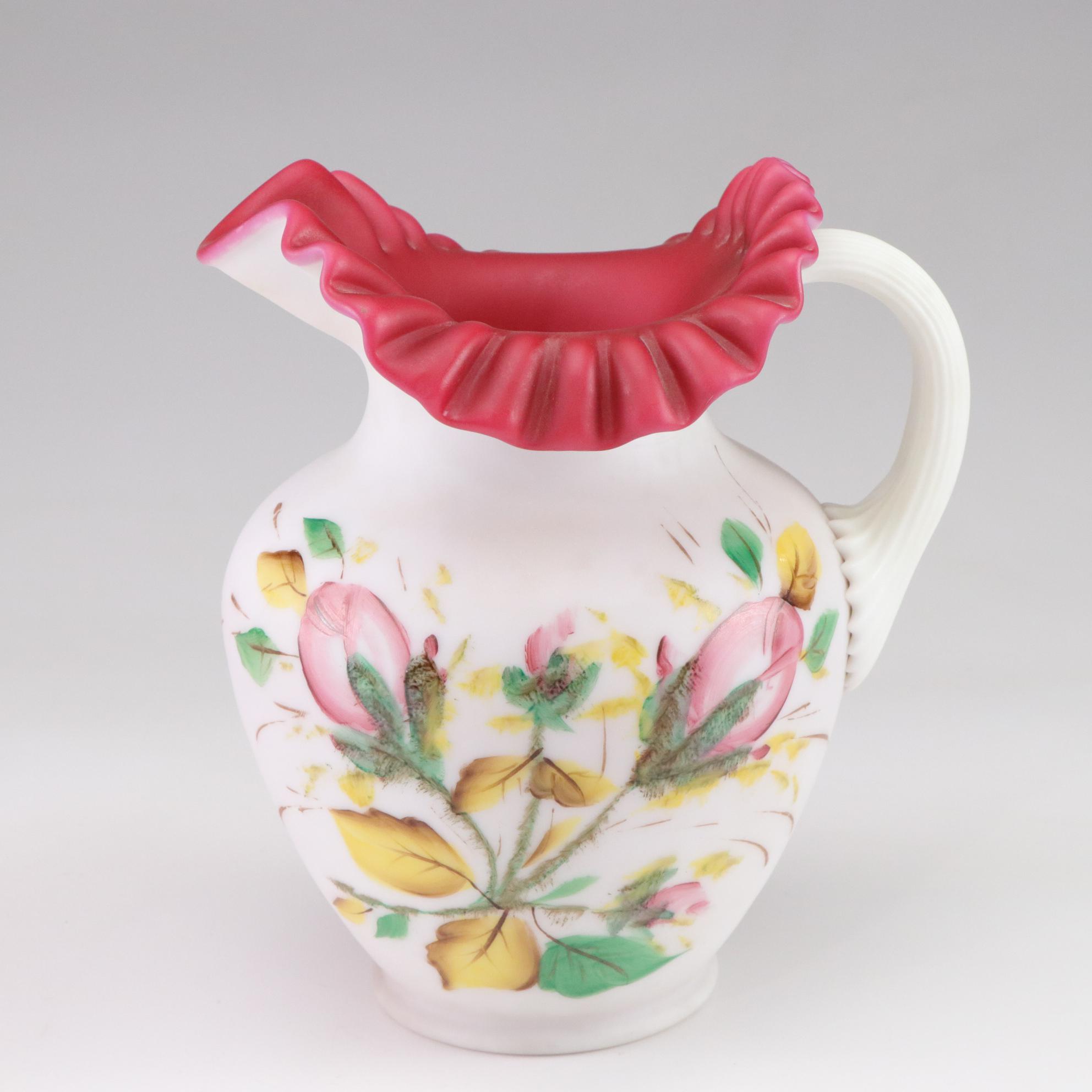Hand-Painted Ruffle Pitcher with Fenton Cranberry Hobnail Candle and More