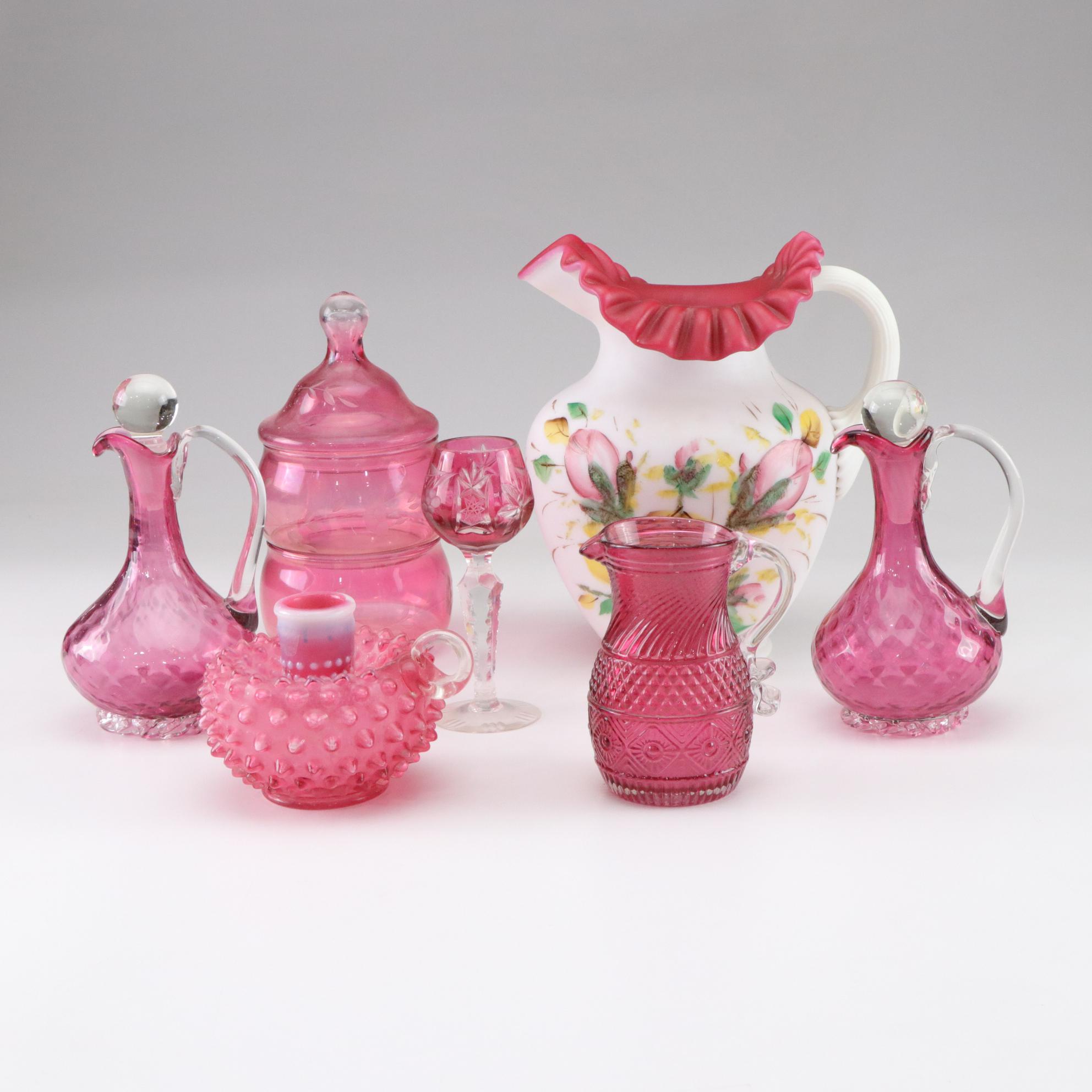 Hand-Painted Ruffle Pitcher with Fenton Cranberry Hobnail Candle and More