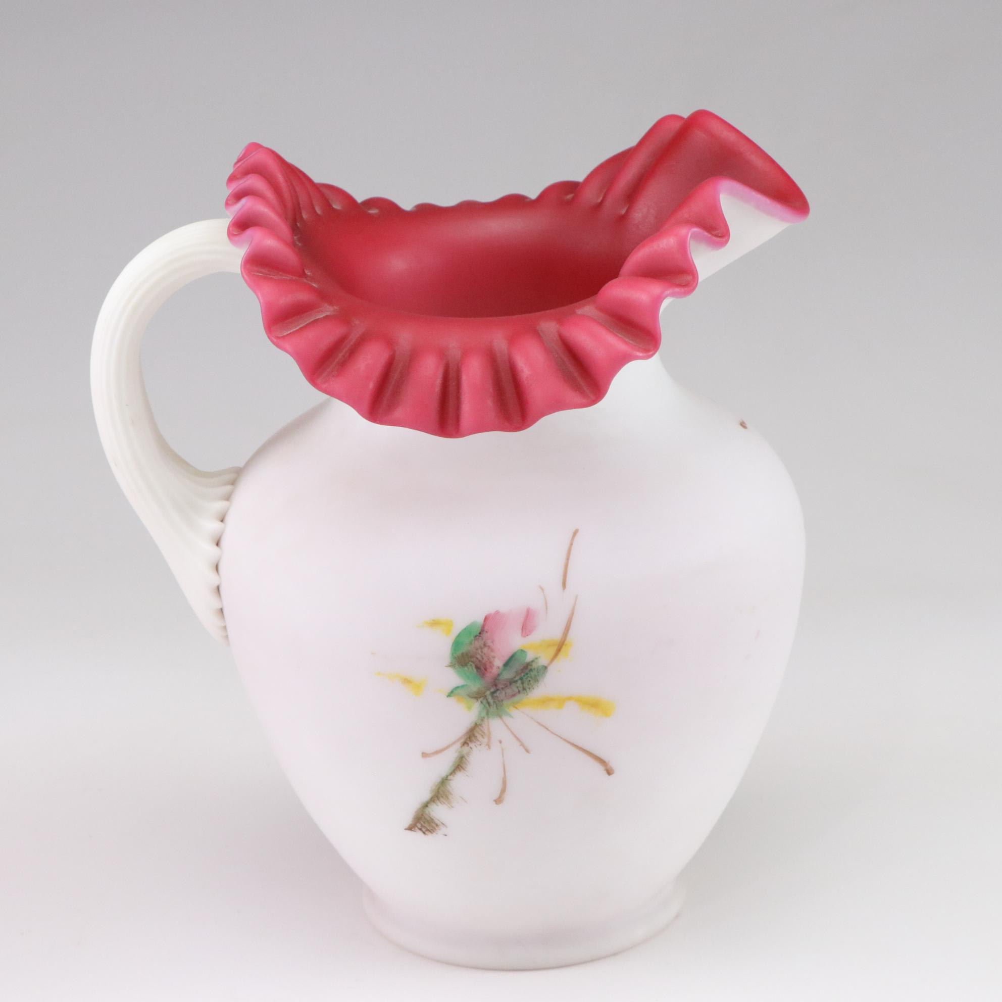 Hand-Painted Ruffle Pitcher with Fenton Cranberry Hobnail Candle and More