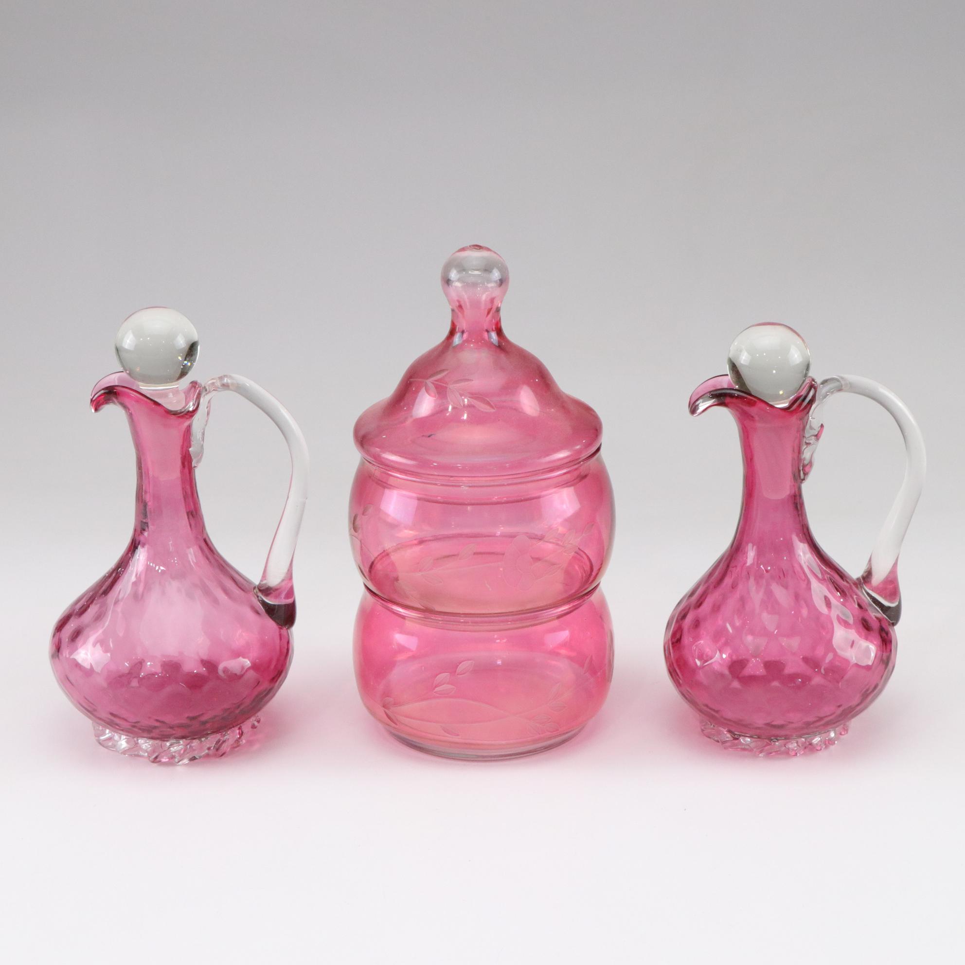 Hand-Painted Ruffle Pitcher with Fenton Cranberry Hobnail Candle and More