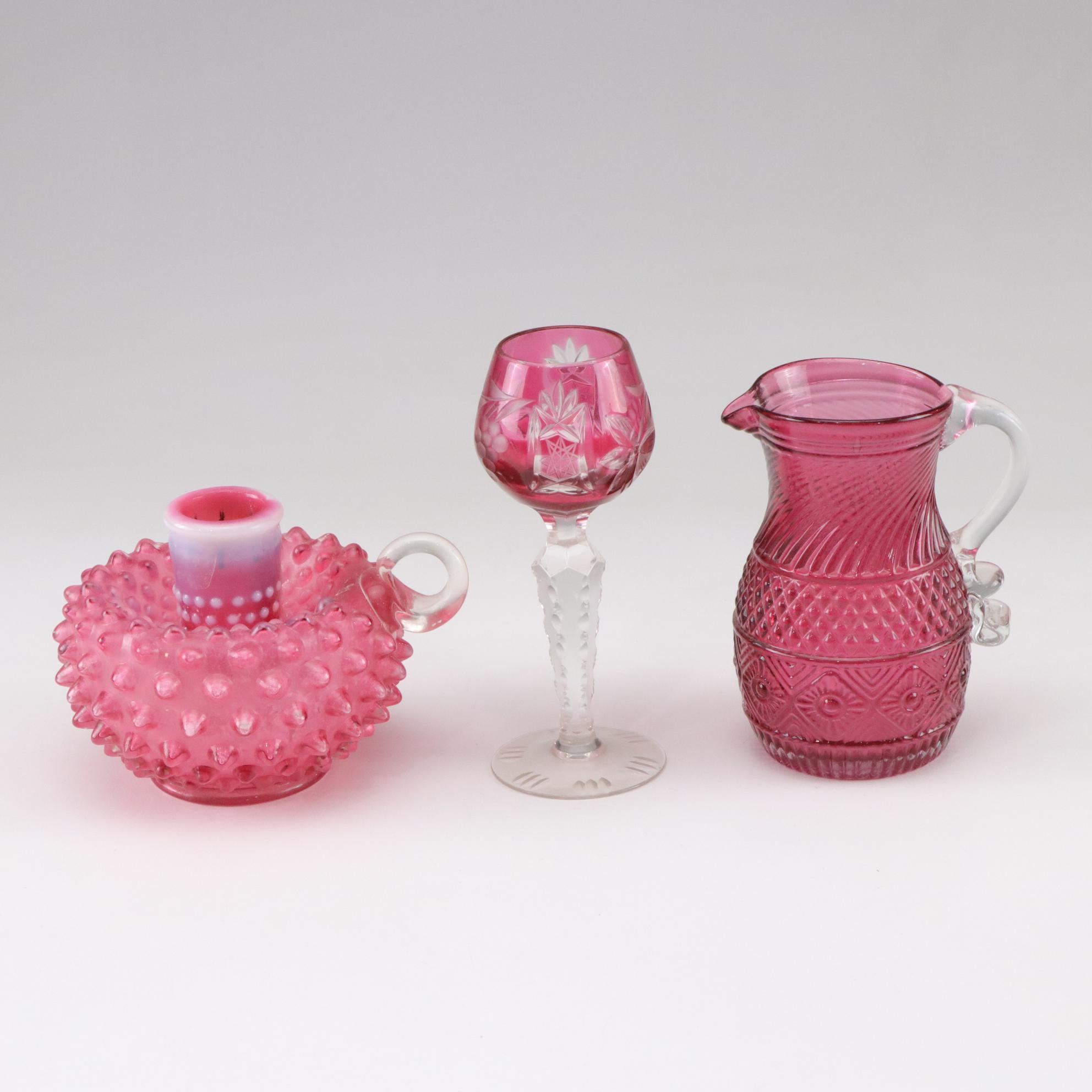 Hand-Painted Ruffle Pitcher with Fenton Cranberry Hobnail Candle and More