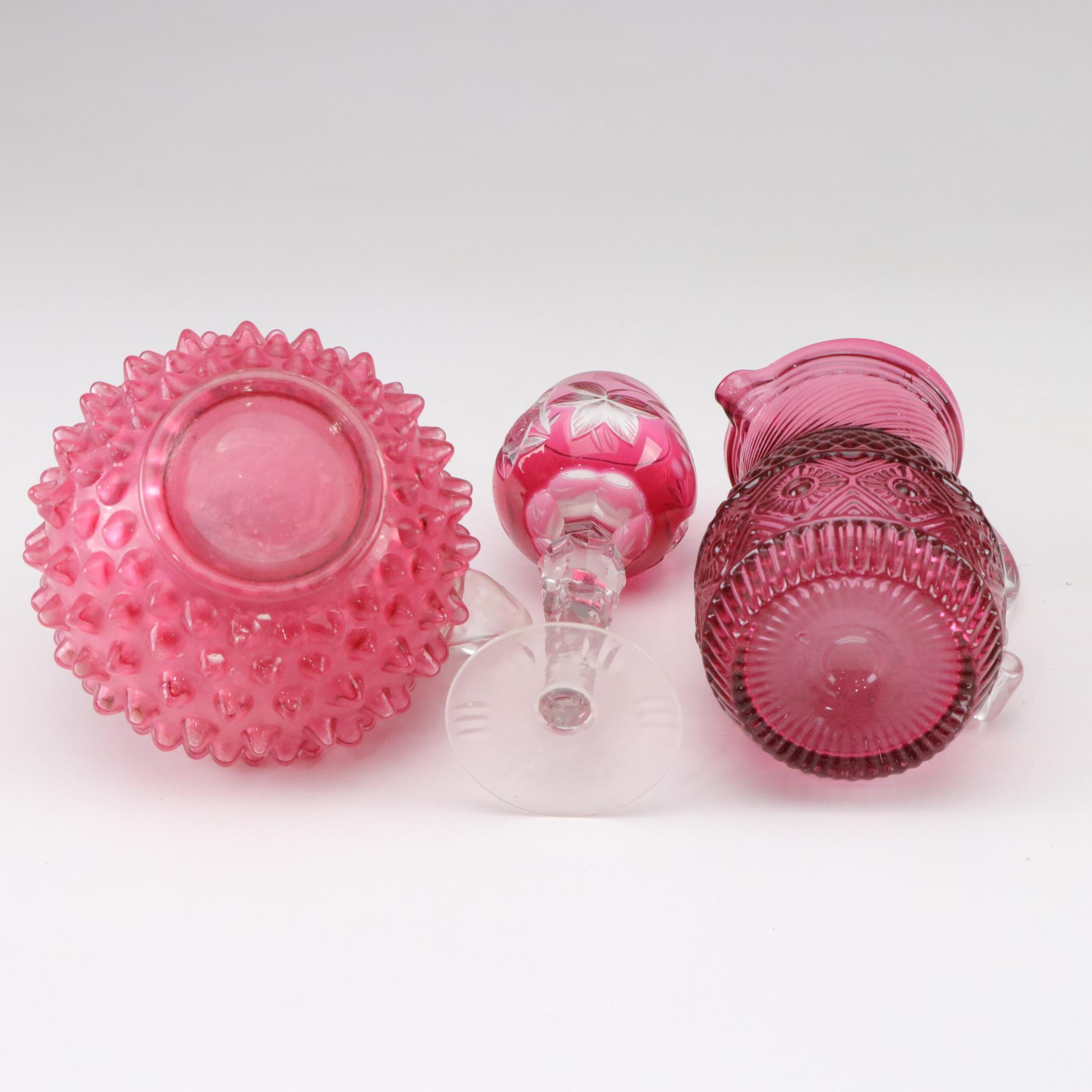 Hand-Painted Ruffle Pitcher with Fenton Cranberry Hobnail Candle and More