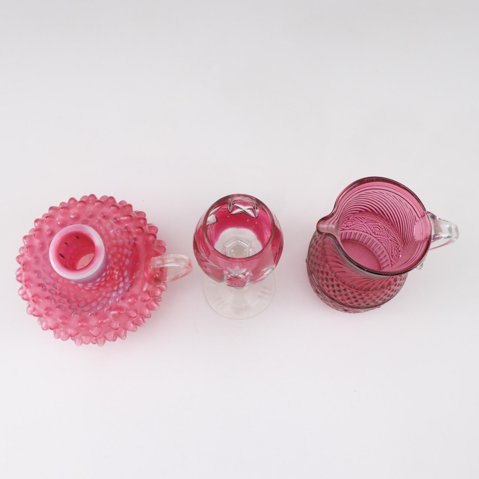 Hand-Painted Ruffle Pitcher with Fenton Cranberry Hobnail Candle and More