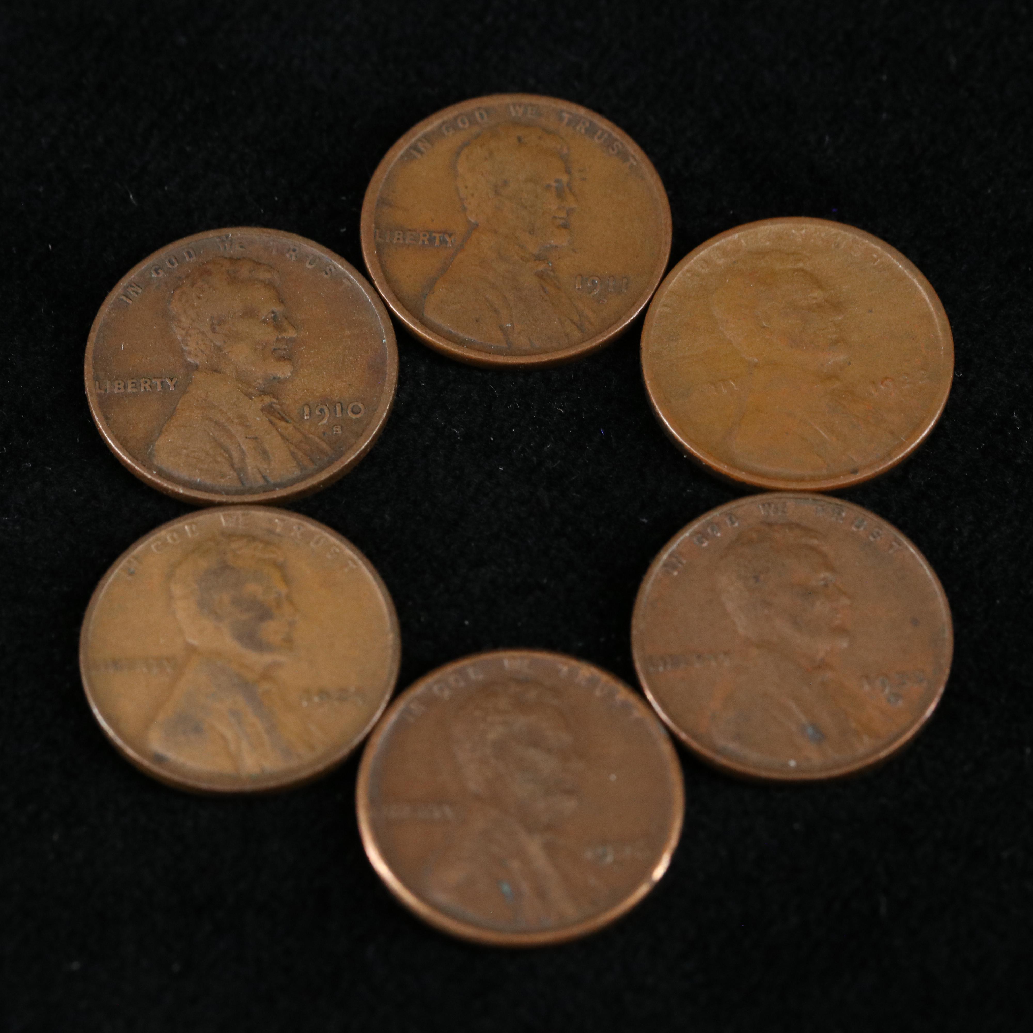 Six Early Date Lincoln Cents w/ S and D Mint Marks