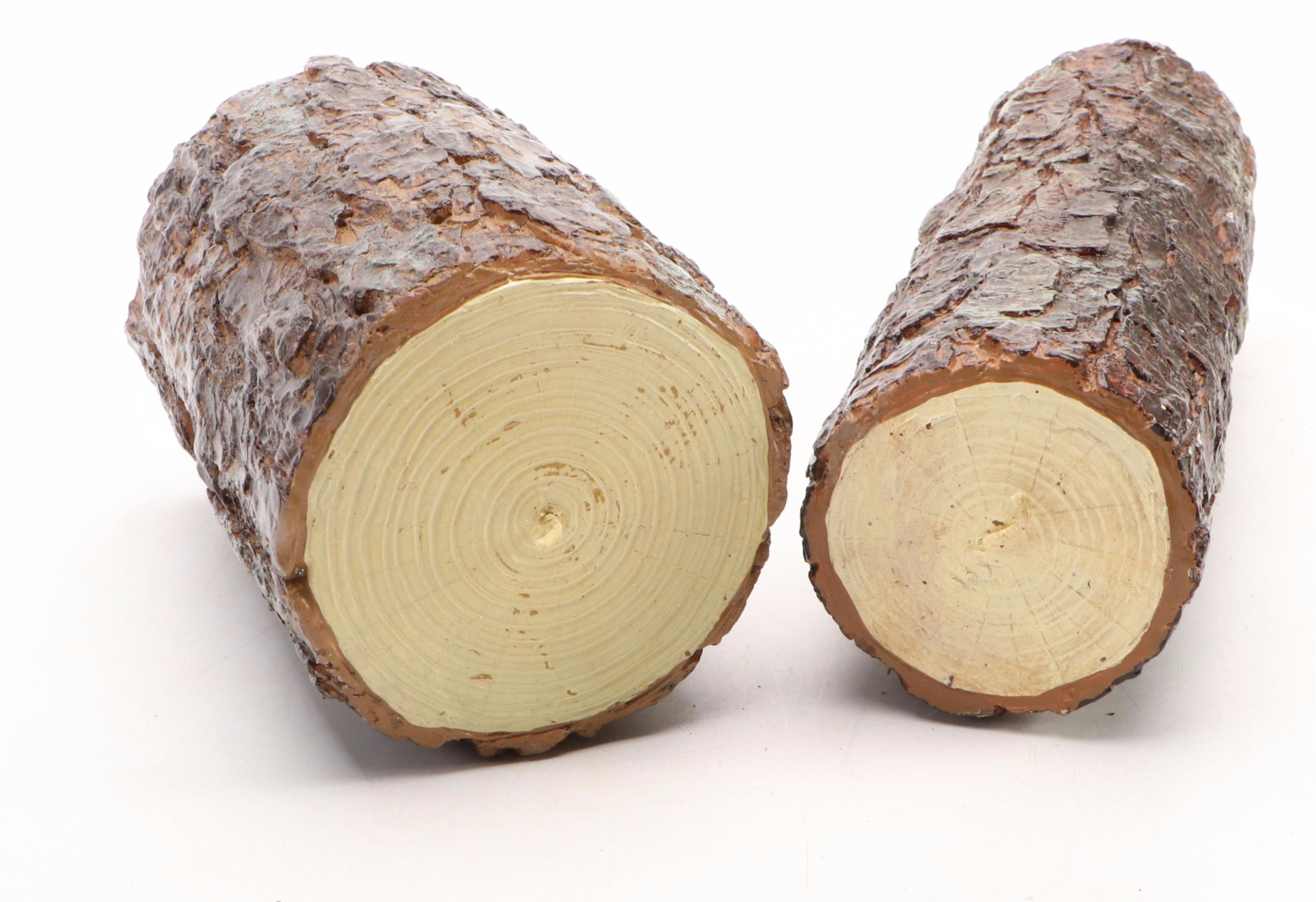 Faux Log Candle Pillars with Acorn Bookends and Bamboo Basket