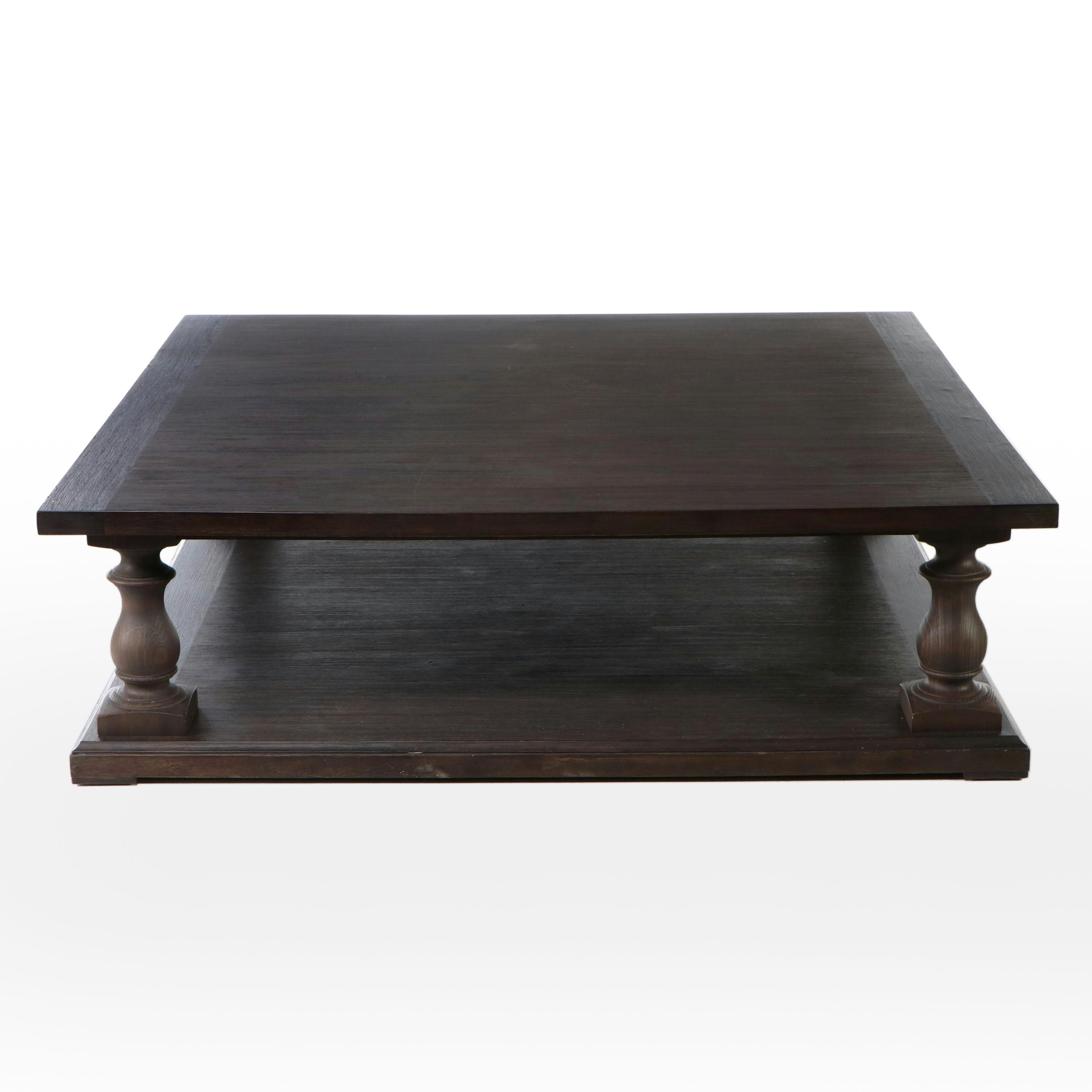 Restoration Hardware "Monastery" Wood Baluster Coffee Table with Stretcher Shelf