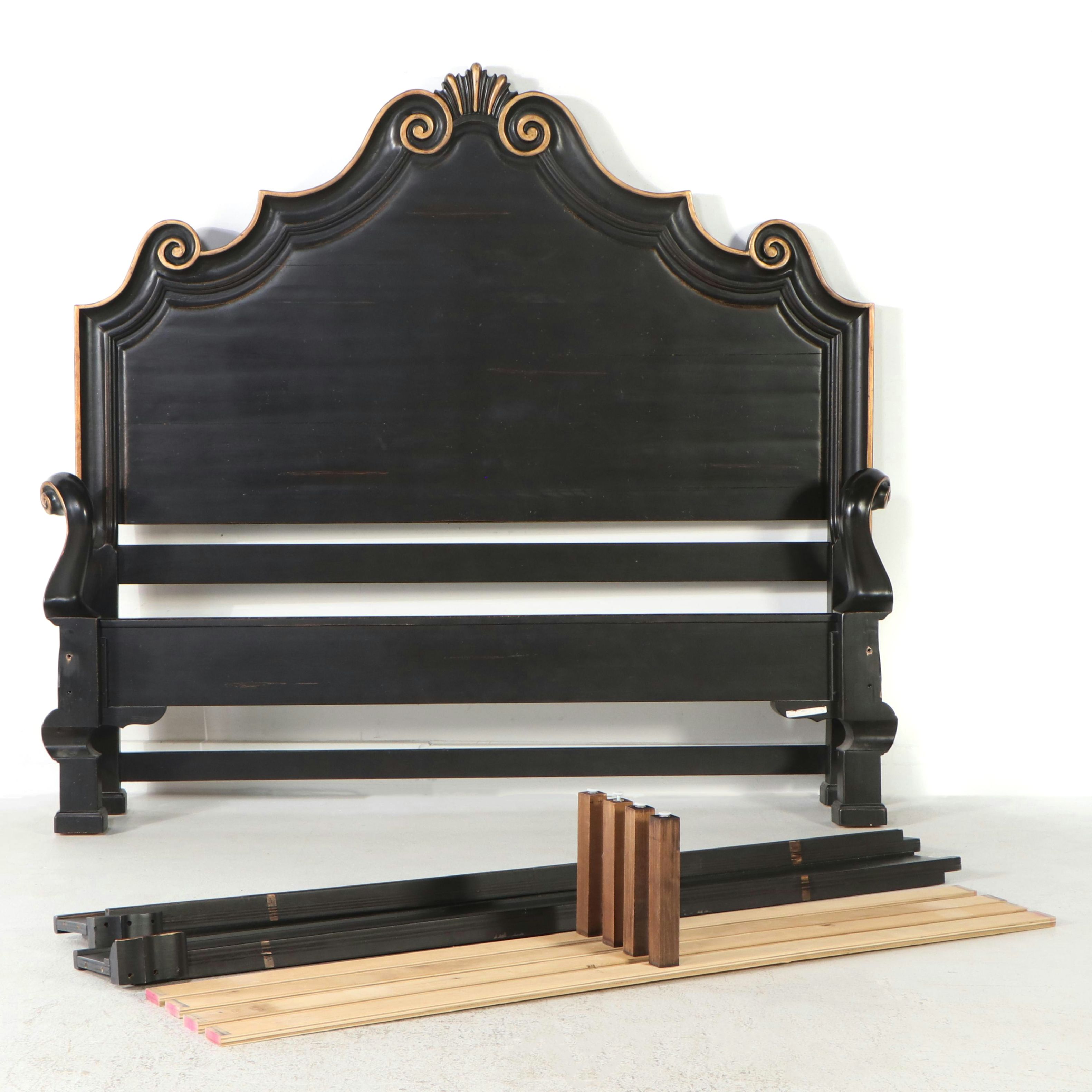Drexel Heritage Rococo Style Parcel Gilt and Ebonized Wood King Size Bed Frame