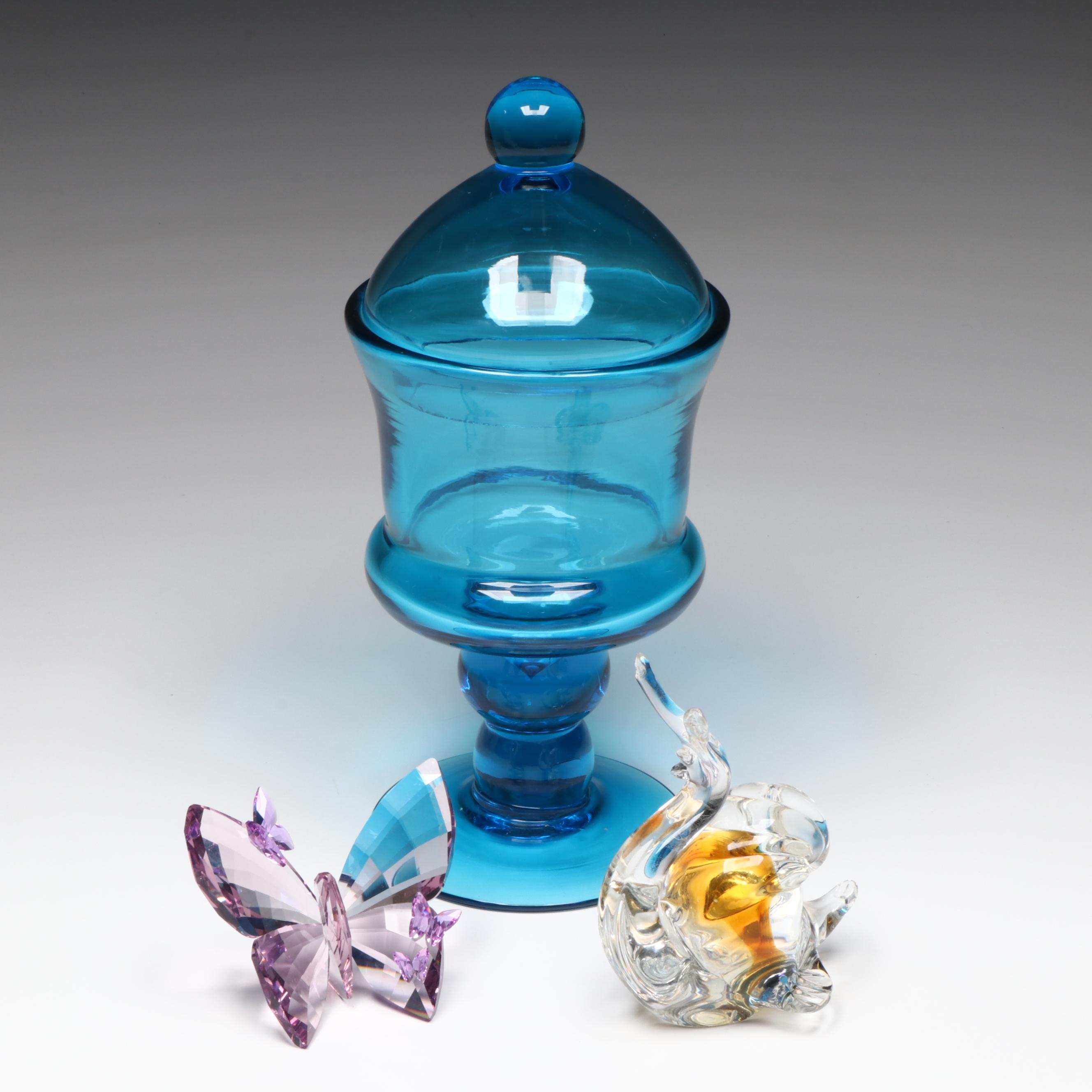 Swarovski Amethyst Crystal Butterfly Figurine with Glass Candy Dish and Snail