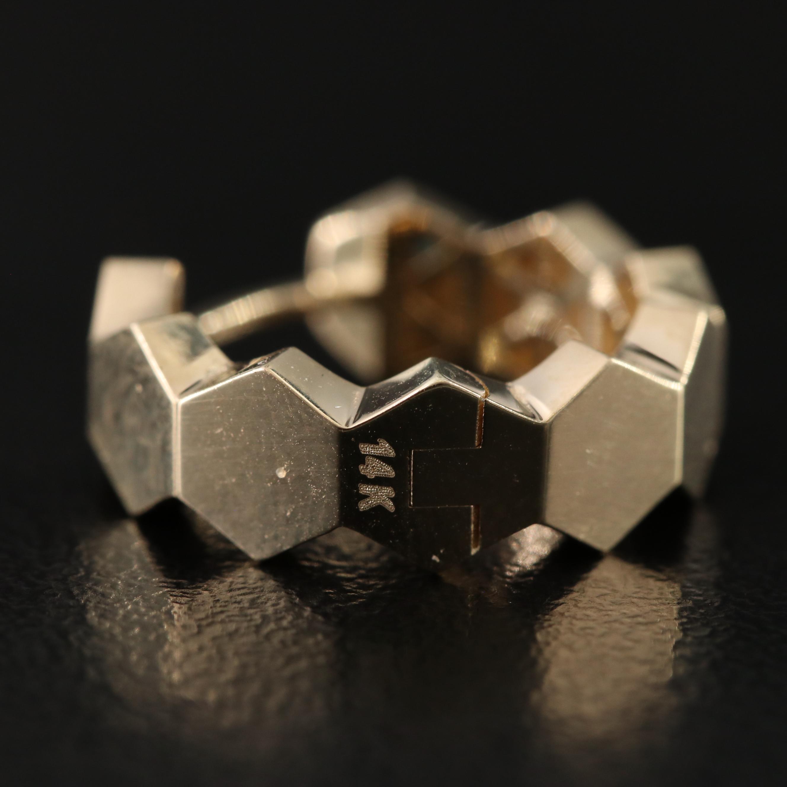 14K Hexagonal Pattern Huggie Hoop Earrings