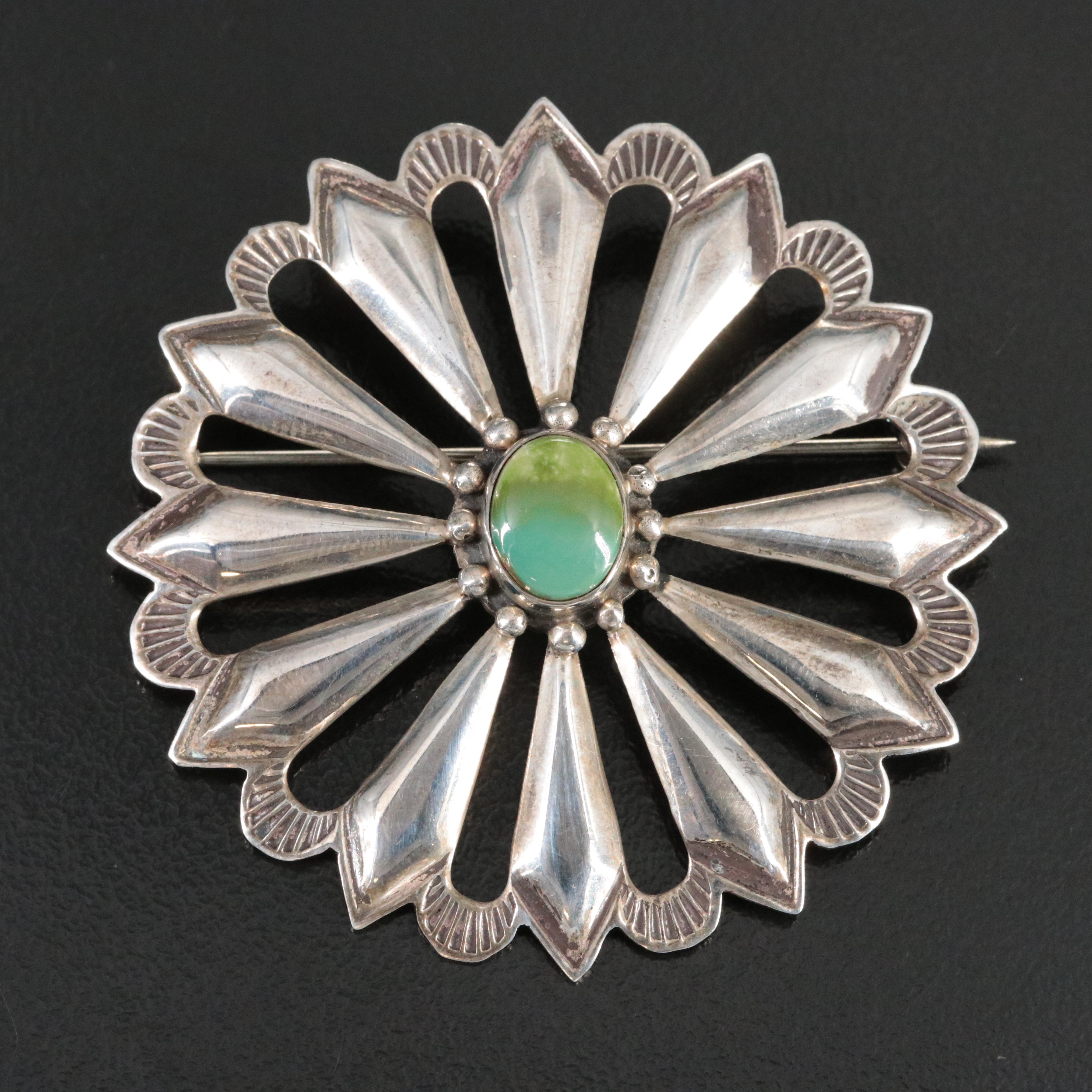 William G. Johnson Navajo Diné Sterling Turquoise Pinwheel Concho Brooch