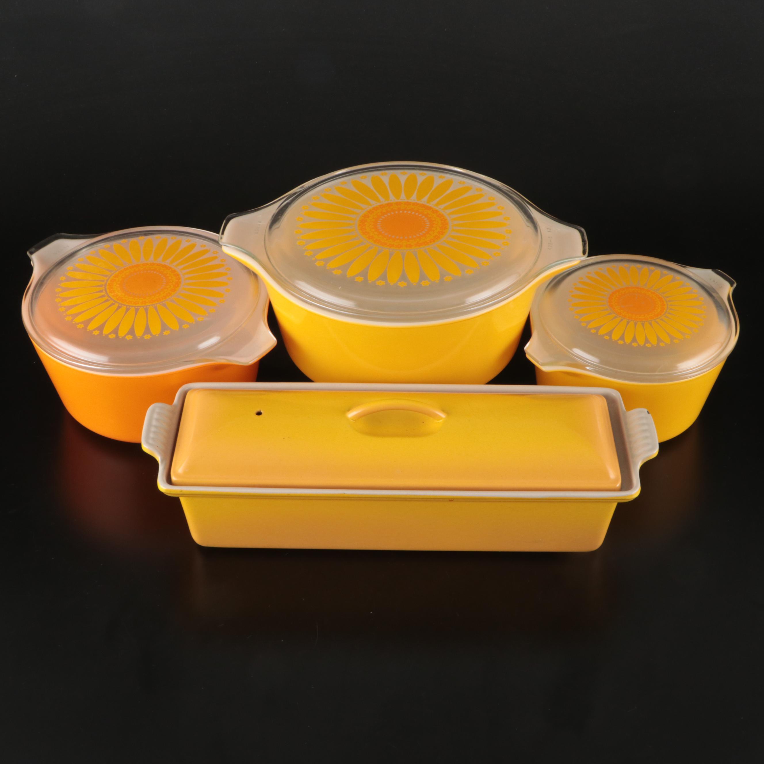 Pyrex "Daisy" Casserole Dishes with Le Creuset  Pate Terrine