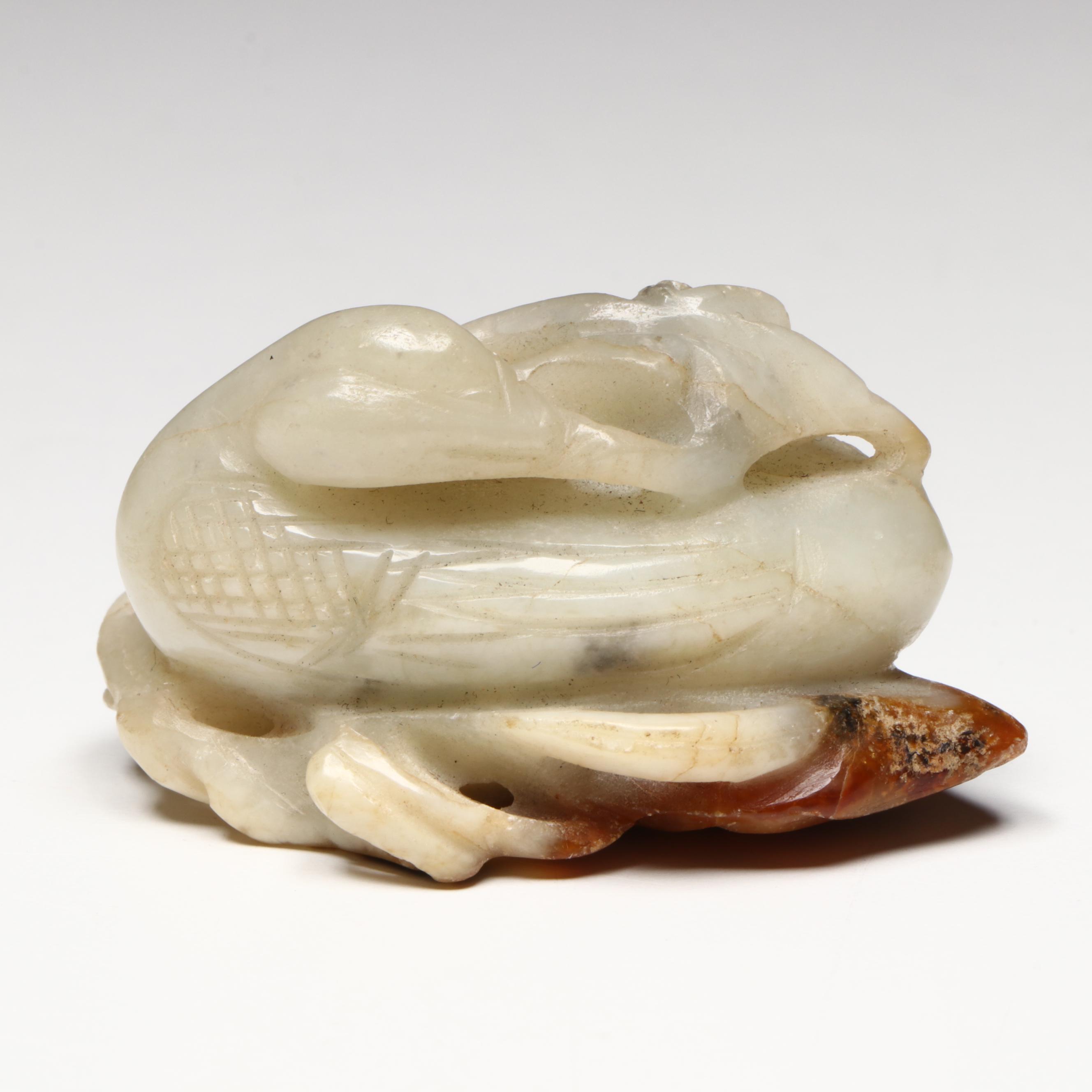 Antique Chinese Carved Jade Duck with Flowers