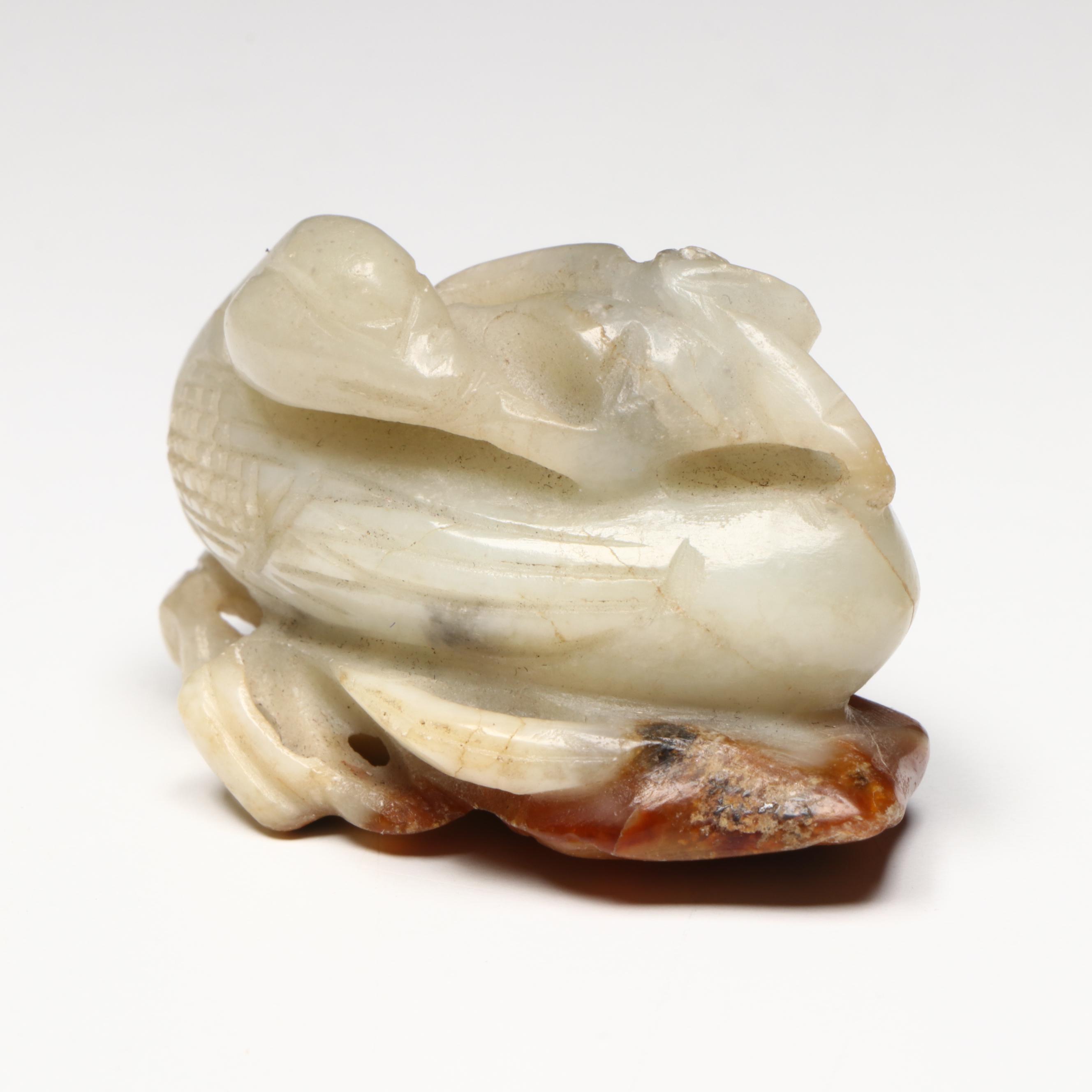 Antique Chinese Carved Jade Duck with Flowers