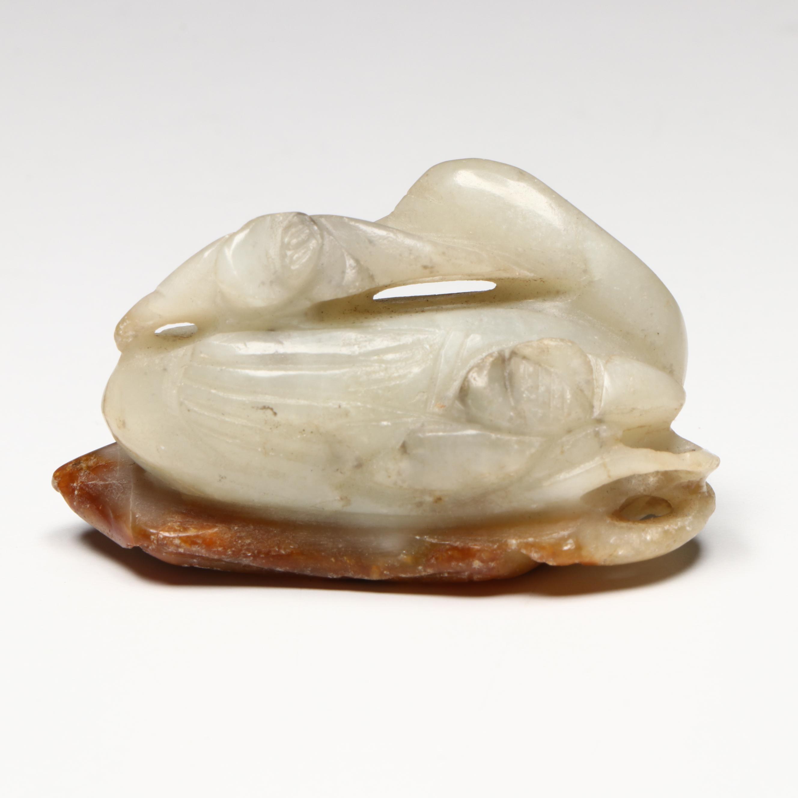 Antique Chinese Carved Jade Duck with Flowers