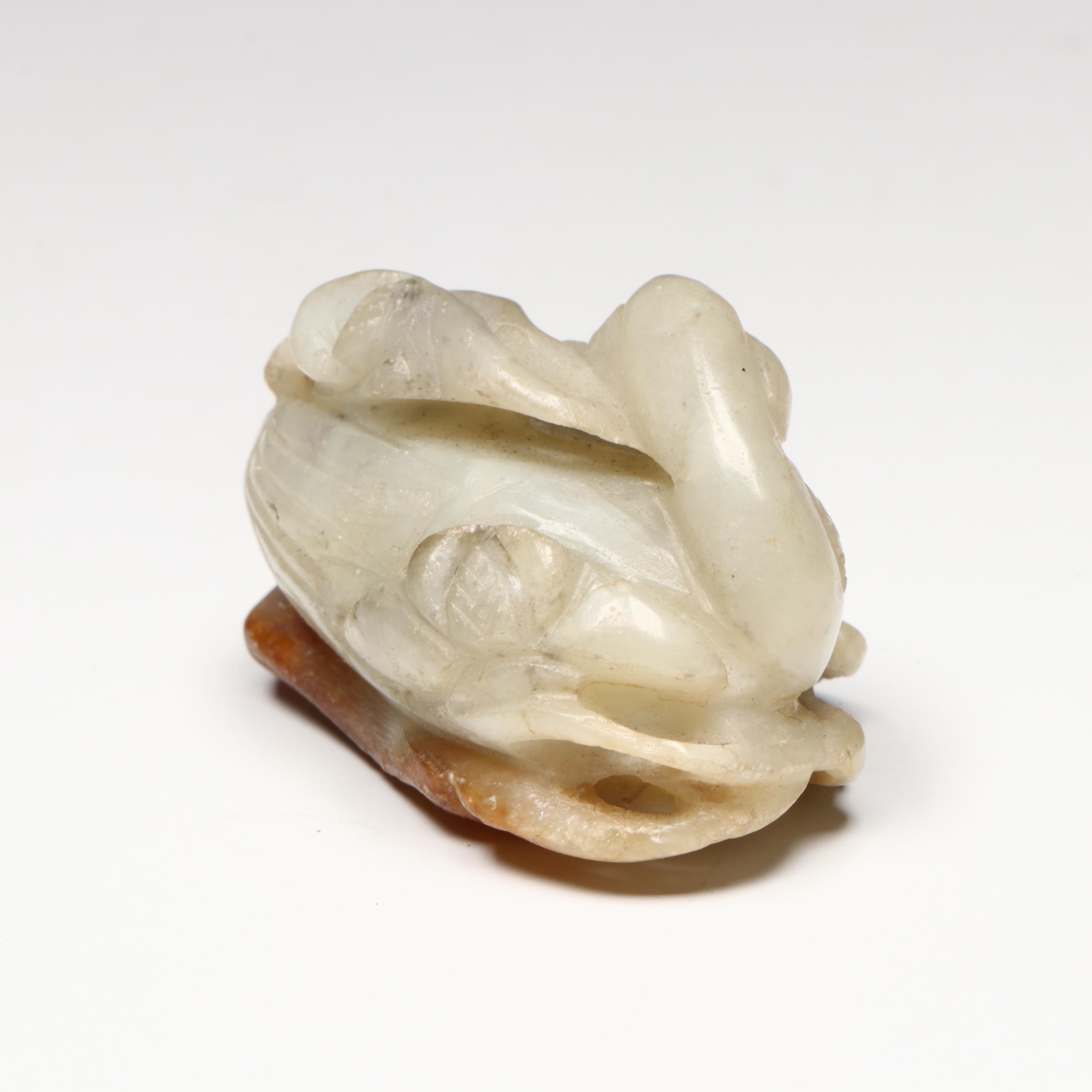 Antique Chinese Carved Jade Duck with Flowers